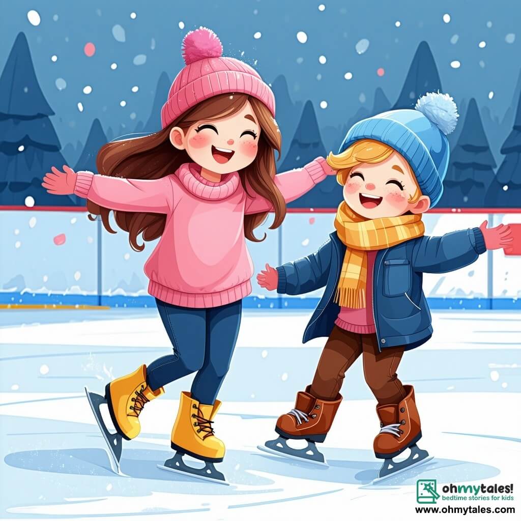 A 5-year-old girl named Lily, with long brown hair and rosy cheeks, is joyfully skating on an ice rink, wearing a pink sweater and yellow boots, with her arms outstretched and a big smile on her face. Next to her, her friend Ben, a 6-year-old boy with messy blonde hair and a blue beanie, is laughing as he tries to keep his balance on his skates. Further away, Mia, a 5-year-old girl with curly hair and caramel skin, is spinning on the ice, her eyes sparkling with happiness. The scene takes place in a charming snowy village, with houses covered in snow, lit streetlamps, and a large decorated Christmas tree in the town square. Snowflakes gently fall from the sky, adding a magical touch to the atmosphere. Lily and her friends are having fun on the ice rink, laughing and playing together, enjoying the magic of winter and friendship in this enchanting landscape.