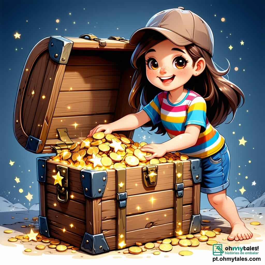 No centro da imagem, Clara, uma menina de 8 anos com longos cabelos castanhos e olhos brilhantes de curiosidade, está abrindo um grande baú de madeira decorado com padrões estrelados. Seu rosto expressa uma excitação palpável, com um largo sorriso e bochechas coradas de entusiasmo. Ela usa uma camisa listrada colorida e um short de denim, além de um pequeno boné de detetive. Ao lado dela, Miguel, um garoto de 8 anos com cabelos castanhos e óculos redondos, observa maravilhado o conteúdo do baú. Ele veste uma camiseta verde e uma calça cargo, segurando um pedaço de papel na mão, o mapa do tesouro, pronto para explorar. Um pouco atrás, Sofia, uma menina de 8 anos com cabelos loiros e tranças, sorri alegremente segurando uma lanterna, iluminando o baú. Ela usa um vestido florido e tênis coloridos. A cena acontece em um ambiente acolhedor, cheio de livros antigos e lembranças de aventuras, com paredes de madeira e janelas que deixam entrar a luz dourada do sol. Teias de aranha e objetos misteriosos acrescentam um toque de magia à atmosfera. A situação principal mostra Clara descobrindo um tesouro escondido no baú, enquanto seus amigos a encorajam, criando uma atmosfera de excitação e camaradagem. Os três crianças estão imersos na aventura, prontos para explorar os mistérios que os aguardam.