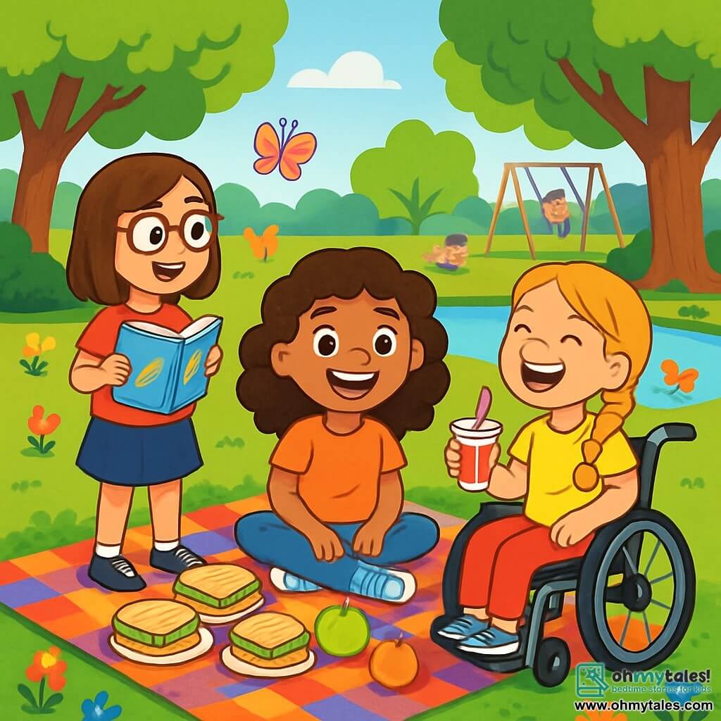 There are 3 characters: Ellie, a 10-year-old girl with curly brown hair and a bright smile, sitting on a colorful blanket surrounded by delicious sandwiches and fruits. Mia, a dynamic 10-year-old girl in a wheelchair, has braided blonde hair and wears a bright yellow t-shirt; she is laughing while holding a drink. Sophie, a 10-year-old girl with smooth brown hair and glasses, stands holding an illustrated book and looks at her friends enthusiastically. The setting is a large green park filled with colorful flowers and majestic trees, with a small pond in the distance where ducks swim peacefully, and children play on swings. Sunlight filters through the leaves, creating dancing shadows on the ground. The main scene shows the three friends enjoying a joyful picnic, sharing stories and smiles, while butterflies flutter around them, adding a touch of magic to their summer day.