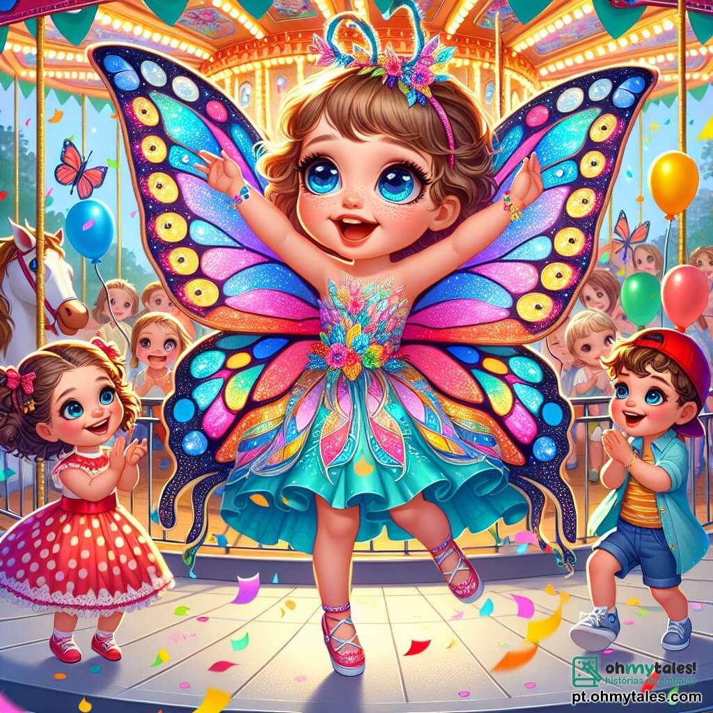 Uma menina de 2 anos, chamada Lila, está no centro da imagem. Ela tem grandes olhos brilhantes e um sorriso radiante, vestindo uma linda fantasia de borboleta com asas coloridas, azul, rosa e amarelo, que brilham sob o sol. Ela dança alegremente, com os braços levantados, cercada por confetes coloridos que flutuam ao seu redor. Ao lado dela, um menino de 3 anos, com cabelos cacheados e um boné vermelho, ri enquanto segura um balão em forma de estrela. Ele está maravilhado com a beleza de Lila e aplaude enquanto dança. Outra criança, uma menina de 4 anos com tranças e um vestido de bolinhas, está sentada em um carrossel ao fundo, sorrindo e acenando para Lila. O local da cena é um parque vibrante e festivo, cheio de decorações de carnaval: guirlandas coloridas, balões flutuantes e um carrossel que gira lentamente, iluminado por luzes cintilantes. Árvores verdes cercam o parque, e o céu é de um azul brilhante, salpicado de algumas nuvens brancas. A situação principal mostra Lila dançando entusiasticamente no meio da festa, cercada por seus amigos que se divertem, criando uma atmosfera alegre e mágica, cheia de risos e cores.