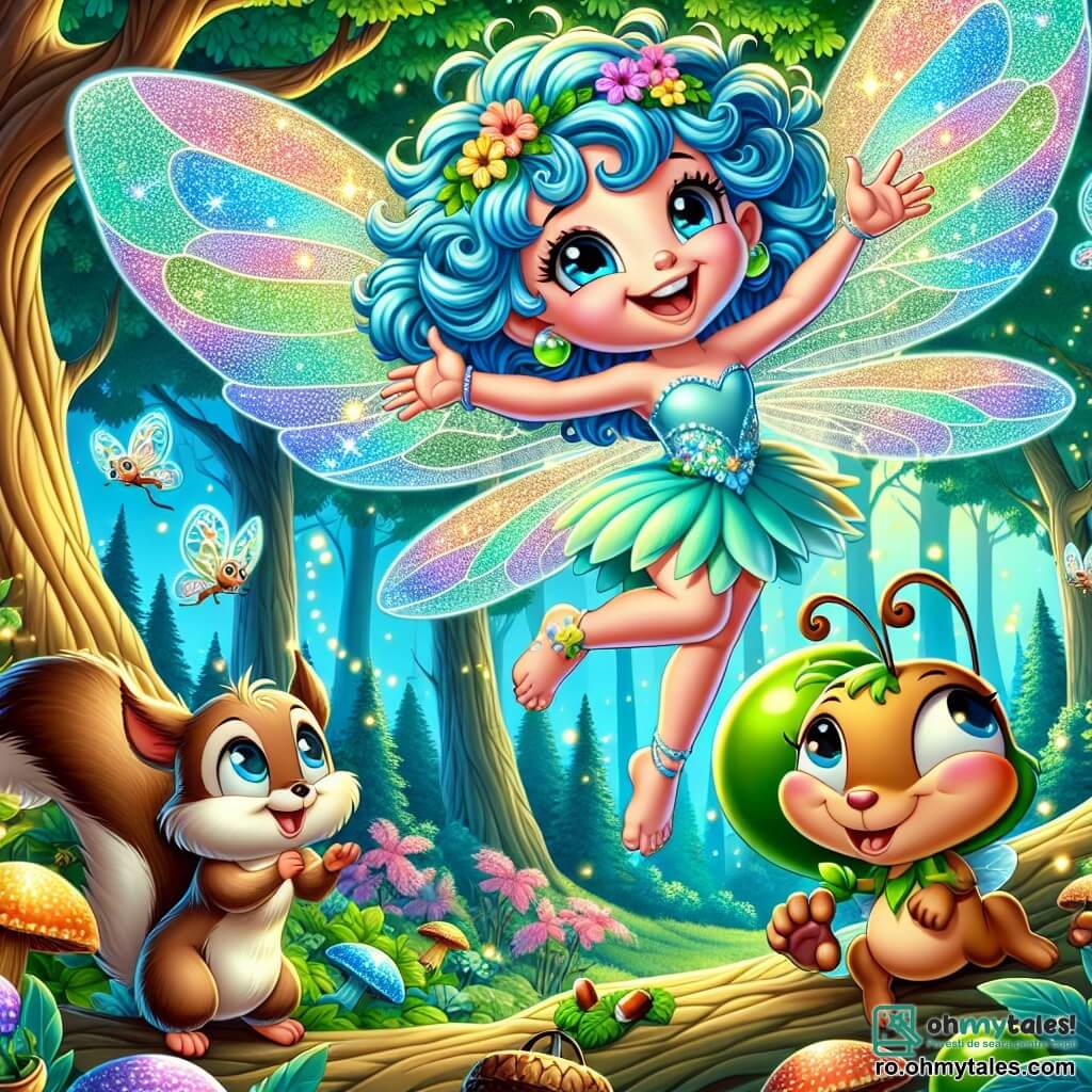 O zână veselă, pe nume Fluturaș, zboară printr-o pădure fermecată, aripile ei mari și colorate strălucind ca un curcubeu. Are părul buclat de un albastru strălucitor și un zâmbet radiant care îi luminează fața. Fluturaș o ajută pe un mic gândăcel, un insectă drăguță cu antene fâlfâind și un carapace verde strălucitoare, care pare ușurat și recunoscător în timp ce ea îl trage delicat din melasa dulce. Aproape, o veveriță jucăușă, Smoc, cu blana ei brună și coada pufoasă, îi observă cu curiozitate, pregătită să sară pentru a li se alătura. Este așezată pe o ramură, înconjurată de ghinde pe care le-a adunat, și afișează un zâmbet ștrengar. Decorul este o pădure magică, unde copacii sunt înalți și măreți, frunzele lor strălucind sub lumina soarelui. Flori colorate dansează în ritmul vântului, iar licuricii iluminează aerul cu o lumină blândă. Situația principală arată cum Fluturaș, zâna, salvează gândăcelul prins în melasă, în timp ce Smoc, veverița, se pregătește să li se alăture pentru o nouă aventură.