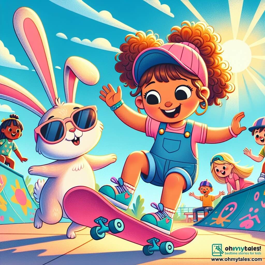 In a sunny skate park, Mia, a two-year-old girl with curly hair and a bright smile, is skateboarding on her pink board. Next to her, Lily, another two-year-old girl with blonde hair and a blue cap, encourages her by raising her arms. A little further away, Benny, an adorable magical rabbit wearing a helmet and sunglasses, joyfully hops, ready to join them. The skate park is filled with colorful ramps, vibrant graffiti on the walls, and young children having fun. The sky is blue and the sun is shining, creating a joyful and dynamic atmosphere. Mia and Lily practice together, laughing and encouraging each other, while Benny motivates them with jumps and spins, showing that fun and friendship are more important than competition.