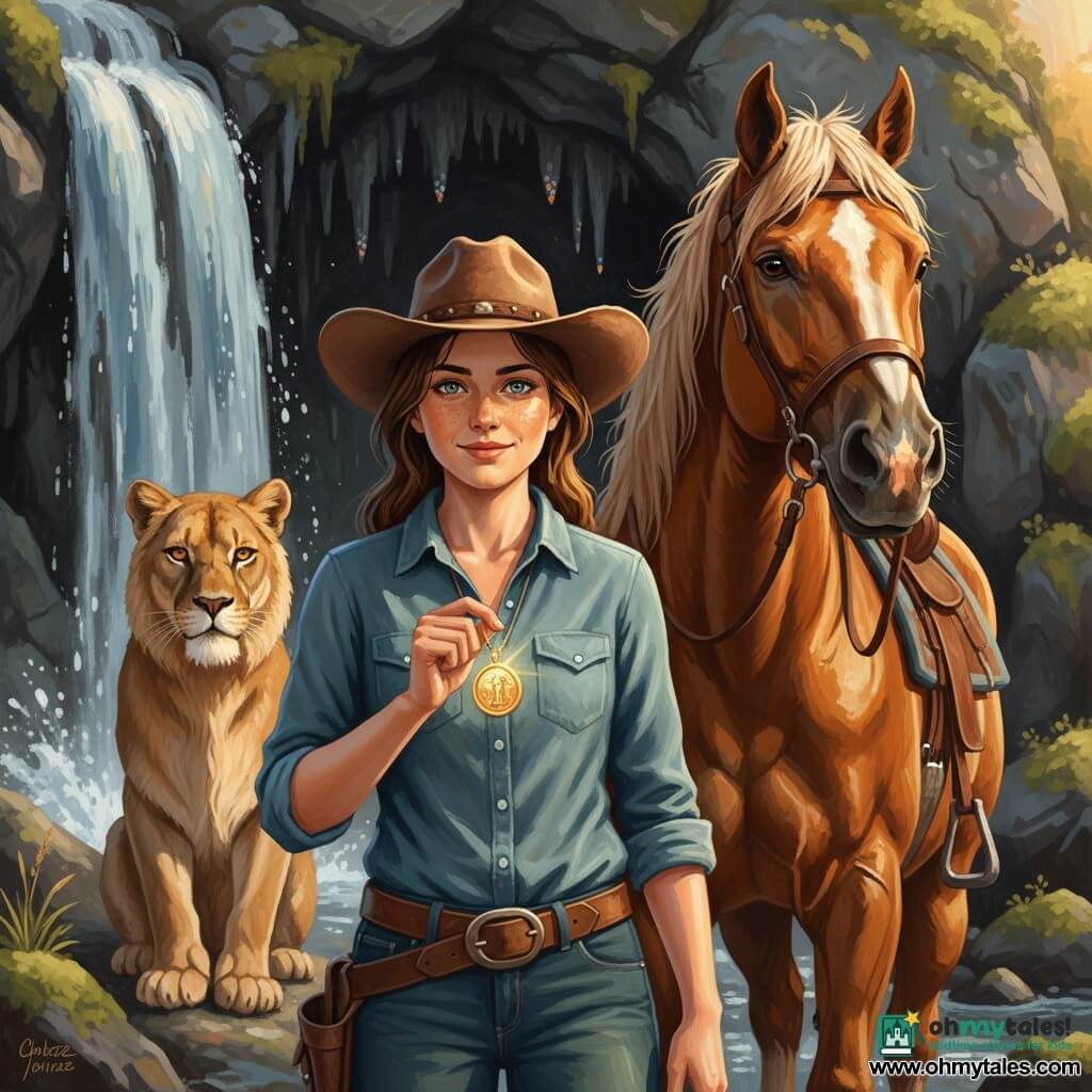 Clara, a young, brave woman with a sun-freckled face, serene smile and bright eyes, holds a gold pendant that glitters against her denim shirt as she exits a damp cave with a proud posture, brown hair under a dusty cowgirl hat; Blaze, a chestnut stallion with a tousled mane, steaming nostrils and a worn saddle and leather bridle, stands to her right; a majestic mountain lion with a tawny coat and amber eyes sits protectively at the cave entrance to her left and slightly behind; the cave is hidden behind a silver waterfall splashing mossy rocks, its interior showing glistening stalactites and walls studded with small gems reflecting light; warm evening sunlight floods the scene with long golden highlights and soft shadows, conveying wonder, accomplishment and mutual respect between the heroine and nature; acrylic painting style, saturated colors, visible brush textures, soft strokes and crisp edges, composition centered on Clara and the glowing pendant.