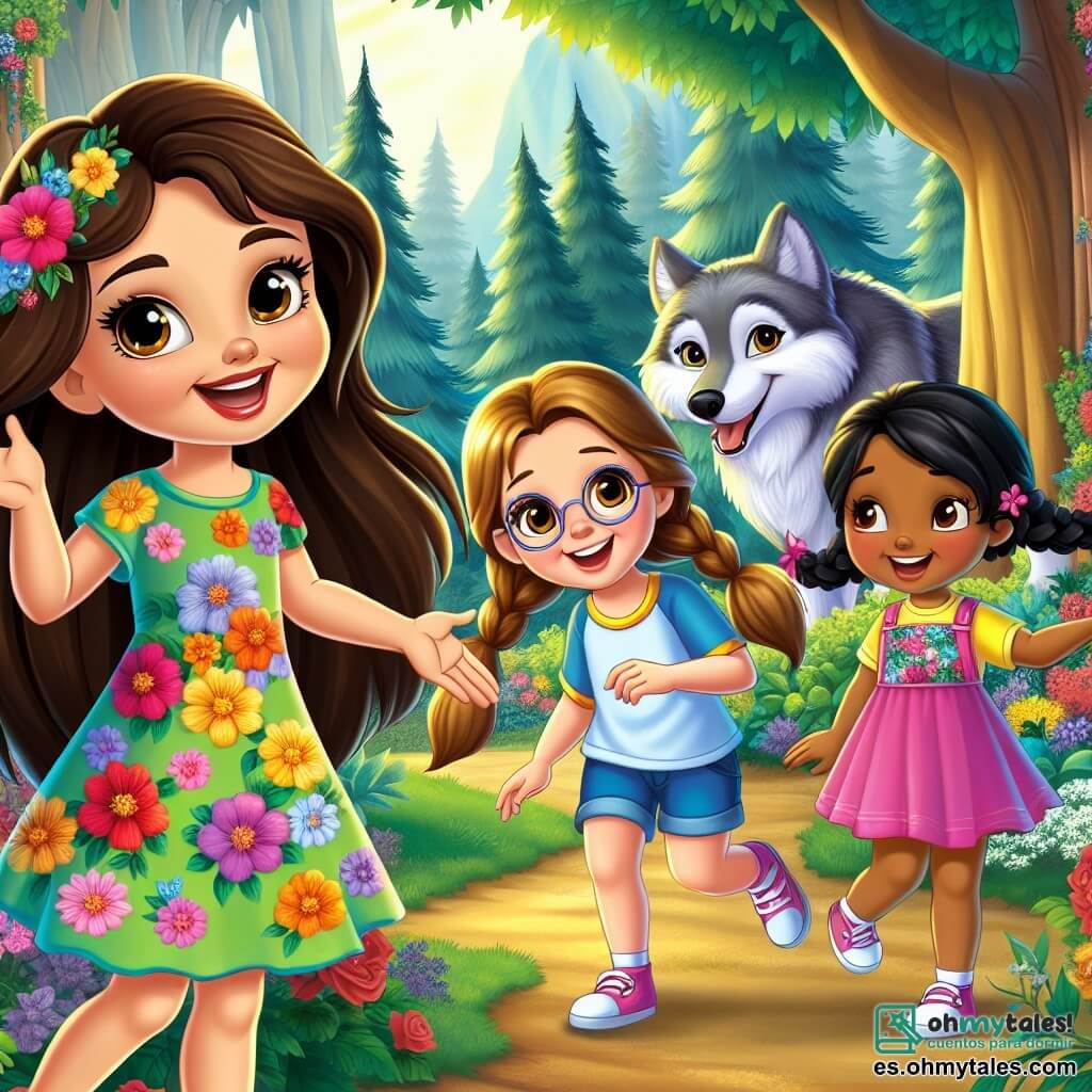 Hay tres personajes principales: 1. **Lila**: una niña de 7 años con largos cabellos castaños y ojos brillantes. Lleva un vestido colorido con flores y sonríe alegremente, de pie en el centro del claro. 2. **Ana**: una niña de 7 años con trenzas rubias y gafas redondas. Lleva una camiseta azul y un short, mirando con curiosidad al lobo, un poco apartada a la izquierda de Lila. 3. **Sofía**: una niña de 7 años con cabello negro y dos coletas. Viste una falda rosa y una camiseta amarilla, de pie a la derecha de Lila, extendiendo la mano hacia el lobo. El lugar es un claro encantado en un bosque verde, rodeado de árboles majestuosos con hojas brillantes. Flores coloridas salpican el suelo y rayos de sol filtran a través de las ramas, creando un ambiente cálido y acogedor. La situación principal muestra a las tres amigas riendo y jugando con un gran lobo gris de pelaje espeso, que parece amistoso y alegre. El lobo, con una gran sonrisa, está sentado en medio de las niñas, mientras que alrededor de ellos, animales curiosos comienzan a acercarse, intrigados por este encuentro alegre.