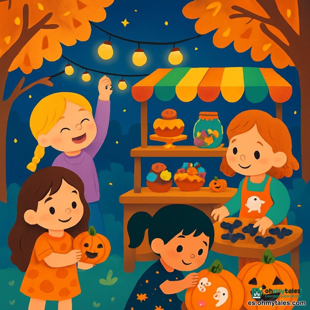Hay 4 niños: - Luna: una niña de 4 años con cabello largo castaño, vestida con un vestido naranja con estampados de calabazas. Está a la izquierda, sonriendo y sosteniendo una pequeña calabaza. - Ana: una niña de 4 años con trenzas rubias, vestida con una túnica violeta. Está en el centro, sujetando una guirnalda de luces brillantes. - Vera: una niña de 4 años con cabello pelirrojo, usando un delantal decorado con fantasmas. Está a la derecha, colocando pasteles en forma de murciélagos sobre una mesa. - Lola: una niña de 4 años con cabello negro en coletas, vestida con un vestido negro con estrellas. Está frente a la mesa, pegando calcomanías en calabazas sonrientes. El lugar es una bonita plaza decorada para Halloween, con árboles de hojas naranjas y doradas, faroles colgantes que brillan en la noche y un cielo estrellado. En el centro, hay un pequeño puesto colorido lleno de pasteles, caramelos y calabazas sonrientes, creando una atmósfera cálida y festiva. La situación principal muestra a los cuatro niños trabajando juntos con alegría para preparar su puesto de "Puesto de Sonrisas", rodeados de decoraciones de Halloween, riendo y ayudándose mutuamente.