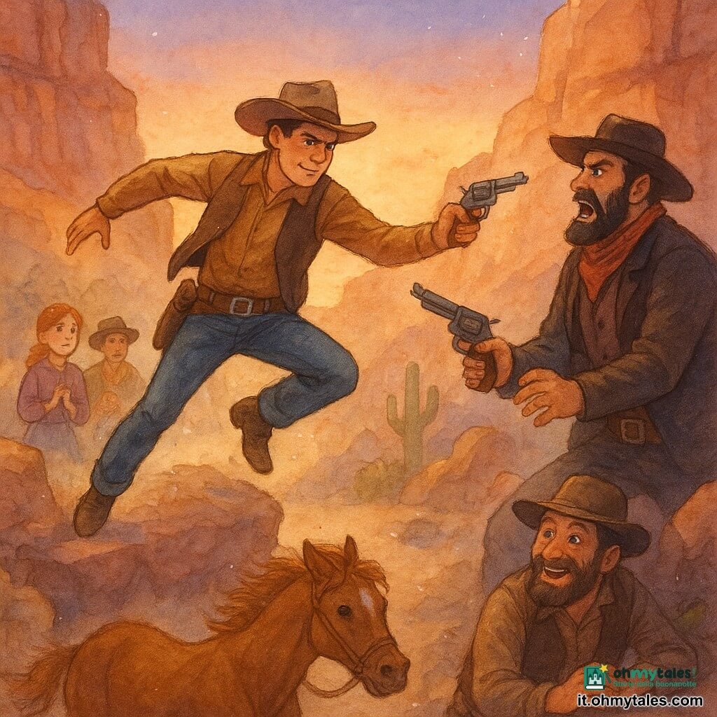 Un uomo, Jack, volto quadrato, pelle abbronzata, capelli castani sotto un largo cappello da cowboy, sguardo determinato e benevolo, salta da una grande roccia in posizione d'azione con una mano tesa per disarmare un bandito; un ragazzo, Billy (trapper), basso, barbuto, circa 40 anni, occhi vivaci, gilet di cuoio e cappello consumato, è accovacciato vicino a un passaggio roccioso sorridendo maliziosamente verso Jack; una ragazza, Emma, circa 12 anni, capelli rossi legati in treccia, vestito semplice, volto preoccupato ma coraggioso, è sullo sfondo vicino a un piccolo gruppo di paesani che acclamano con le mani giunte; un uomo, Butch McCoy (bandito), alto, barba nera, foulard rosso, volto furioso e sorpreso, tiene ancora un revolver che Jack sta disarmando, leggermente davanti e inclinato all'indietro; un cavallo, Dusty, sauro, criniera al vento, occhi vivaci, galoppa sollevando polvere a sinistra di Jack; luogo: canyon roccioso al crepuscolo con pareti ocra e rosse, cactus e cespugli spinosi, piccole pietre e polvere sollevata, cielo arancio-viola e luce calda radente che crea ombre lunghe; situazione principale: scena dinamica di confronto eroico e non violento, nube di polvere, gesti chiari e sguardi determinati, composizione centrata su Jack che disarma Butch mentre Billy prepara la fuga dei ladri e Dusty blocca la via.