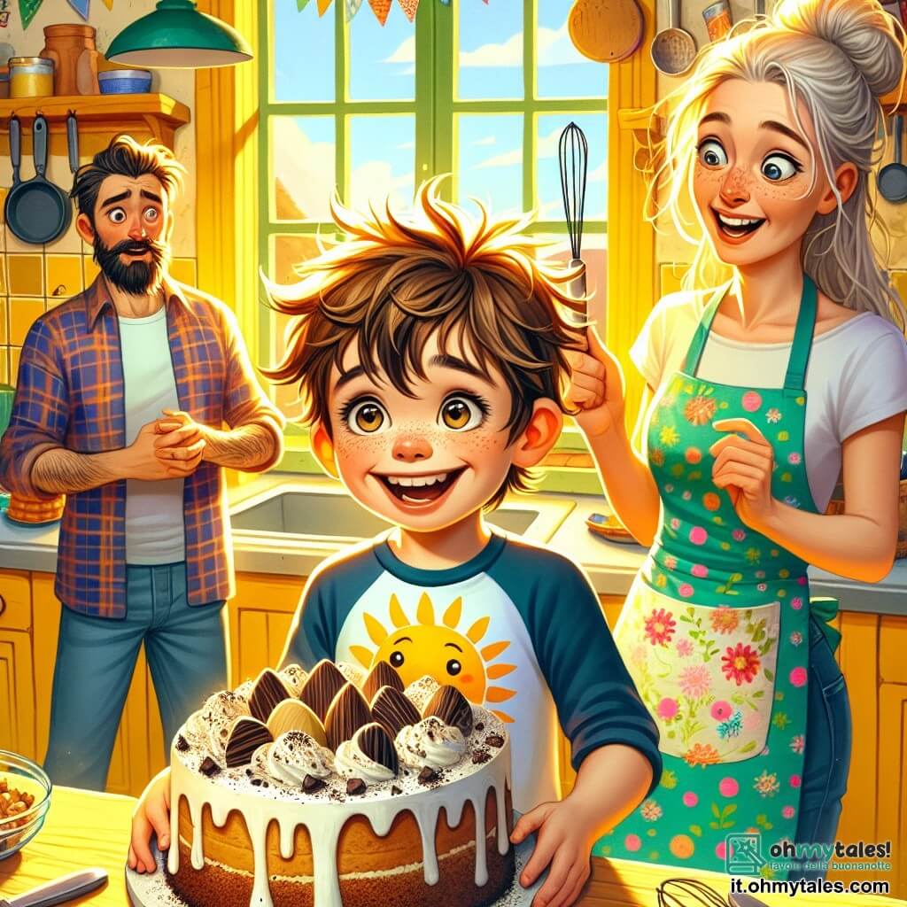 Un ragazzo di 4 anni di nome Leo, con capelli castani disordinati e grandi occhi vivaci, sta ridendo mentre tiene in mano una torta dalla forma strana, coperta di crema e pezzi di cioccolato. Indossa una maglietta colorata con un sole disegnato sopra e un pantaloncino blu. Accanto a lui, sua madre, una donna di circa 30 anni con capelli lunghi e biondi, sorride osservandolo. Indossa un grembiule a fiori e tiene una frusta in una mano, come se lo avesse appena aiutato a preparare la torta. Sullo sfondo, il padre, un uomo di circa 35 anni con una leggera barba e occhiali, appare sorpreso e divertito, con le braccia aperte, pronto a ricevere la sorpresa del figlio. Indossa una camicia a quadri e jeans. La scena si svolge in una cucina luminosa e accogliente, con pareti gialle, una grande finestra che lascia entrare la luce del sole e utensili da cucina colorati appesi al muro. La situazione principale mostra Leo, tutto emozionato, mentre rivela al papà la sua torta fallita ma divertente, creando un momento di gioia e risate in famiglia.