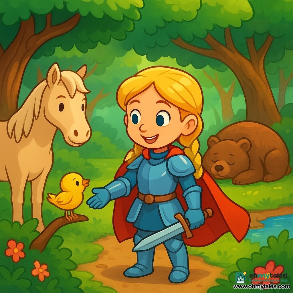A smiling, brave female knight with braided blonde hair, blue-and-silver armor, a red cape and a short sword on her shoulder stands in an enchanted forest clearing; to her left is Star, a large friendly cream horse with white mane, in front a tiny grateful yellow chick perches on a low branch, and behind her a big brown bear sleeps curled on a mossy cushion by a glittering stream, with twisted trunks, bright green leaves, colorful flowers and golden sunbeams; the knight has just freed the chick from a bush, posing protectively and joyfully, warm, secure, vivid, toddler-friendly style.