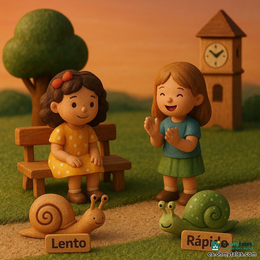 Hay cuatro personajes: Paula (niña de 6 años, pelo castaño rizado, lazo rojo, vestido amarillo de lunares) sentada en un banco de madera a la izquierda mirando los caracoles; Carla (niña de 6 años, pelo liso castaño claro, camiseta azul con gato, falda verde) de pie a la derecha aplaudiendo; Lento (caracol, concha beige y espiral marrón) avanzando lentamente en primer plano izquierdo; Rápido (caracol, concha verde pálido con manchas blancas, expresión traviesa) en primer plano derecho en postura de carrera. Escena en un parque en miniatura con césped, camino de grava, un árbol redondo, un banco y al fondo una pequeña torre de reloj sonriente; las niñas juegan carreras de caracoles que llevan etiquetas con sus nombres, luz de atardecer suave, sombras largas y tonos cálidos.