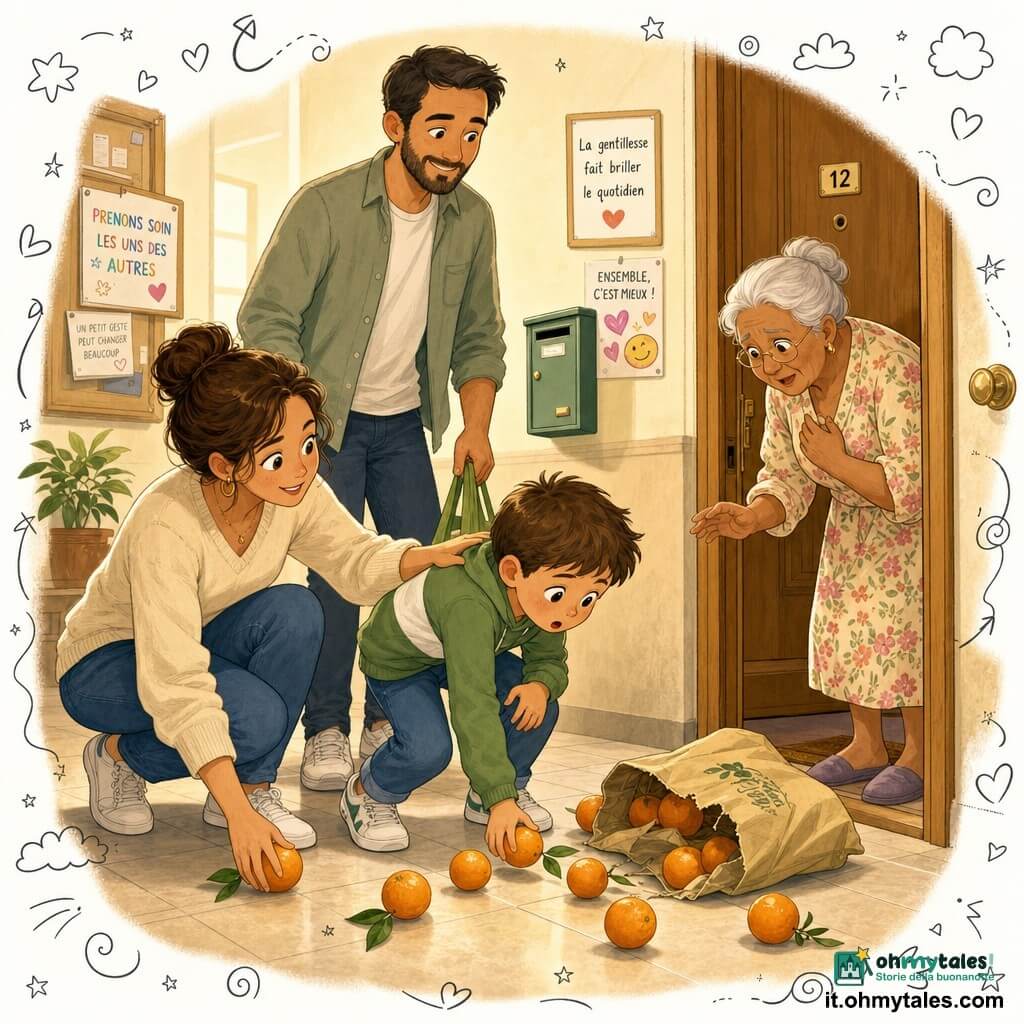 Bambino di 6 anni, viso rotondo e capelli castani corti, prima sorpreso poi sollevato, occhi grandi e lucenti, si china per raccogliere un'arancia con le mani sulle ginocchia; donna adulta (madre, ~35 anni), capelli castani raccolti in uno chignon, sorriso dolce e sguardo rassicurante, accovacciata accanto a lui con una mano sulla sua spalla sinistra; uomo adulto (padre, ~36 anni), barba corta, abbigliamento casual, leggermente indietro con una borsa riutilizzabile e un sorriso incoraggiante; donna anziana (vicina, signora Ada, ~75 anni), capelli bianchi in chignon, vestito a fiori, mani tremolanti, alla porta del suo appartamento con aria imbarazzata e riconoscente; corridoio di palazzo caldo, luce gialla soffusa, pavimento chiaro, porta in legno con numero, alcune locandine e una cassetta postale, atmosfera intima di quartiere; scena principale: borsa della spesa rovesciata a terra, arance sparse come piccole sfere luminose, persone raccolte che le raccolgono insieme con gesti calmi e complici, senso di conforto e scoperta, il rumore "BUM" trasformato in un'azione umana spiegata.