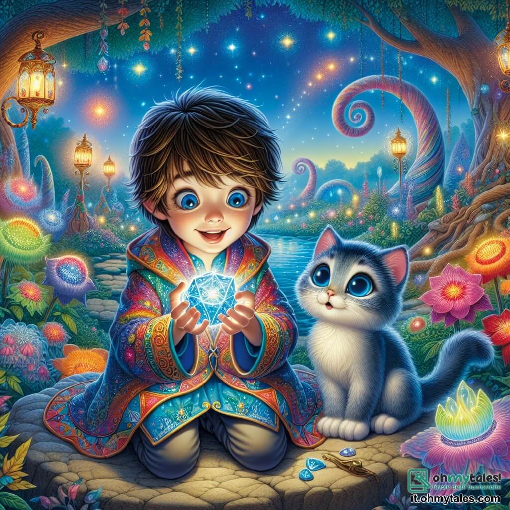 Un ragazzo di 8 anni, Leo, con capelli castani e occhi pieni di curiosità, si trova al centro dell'immagine. Indossa una tunica colorata decorata con motivi magici e il suo volto esprime una gioia immensa mentre tiene un piccolo dispositivo luminoso nelle mani, pronto ad attivarlo. Accanto a lui, una gattina blu di nome Luna, con grandi occhi brillanti e un pelo scintillante, guarda Leo con entusiasmo. È seduta su una pietra, con le zampe anteriori incrociate, pronta ad aiutarlo nella sua avventura. Sullo sfondo, un giardino fantastico si estende a perdita d'occhio, pieno di fiori luminescenti che danzano al ritmo di una dolce brezza. Alberi con tronchi a spirale e foglie multicolori creano un'atmosfera magica, mentre stelle scintillano in un cielo crepuscolare. La scena principale mostra Leo e Luna, circondati da questa bellezza, pronti ad attivare il dispositivo magico, con un bagliore di luce che inizia a emanare dall'oggetto, annunciando un'avventura straordinaria che li attende.
