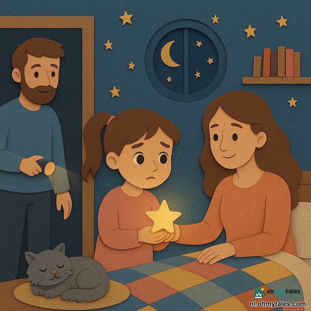 Een 6‑jarig meisje met bruine couettes en een rond gezicht met grote heldere ogen kijkt licht bezorgd maar gerustgesteld en houdt een klein nachtlampje-sterretje in haar handpalm; de moeder (±32 jaar, lichte huid, los haar) zit rechts op het bed en legt een warme hand op de schouder van het meisje terwijl ze zacht lacht; de vader (±35 jaar, baard) staat links bij de deur met een kleine zaklamp die een zacht licht op de vloer werpt; een langeharige grijze kat ligt opgerold aan het voeteneinde, halfgesloten ogen; zolderkamer klein en gezellig met een patchworkdeken, houten boekenplank, klein rond vloerkleed en een patrijspoort met een smalle maan en sterren; nachtlampje geeft warme lichtcirkels en zachte schaduwen, sterrenstickers gloeien zwak; scène van een meisje dat leert haar angst te kalmeren; visuele stijl: papercut‑texturen, duidelijke contouren, warme pasteltinten (zacht nachtblauw, warm geel, poederroze), scherpe uitgesneden schaduwen, eenvoudige expressieve elementen voor 6‑jarigen.