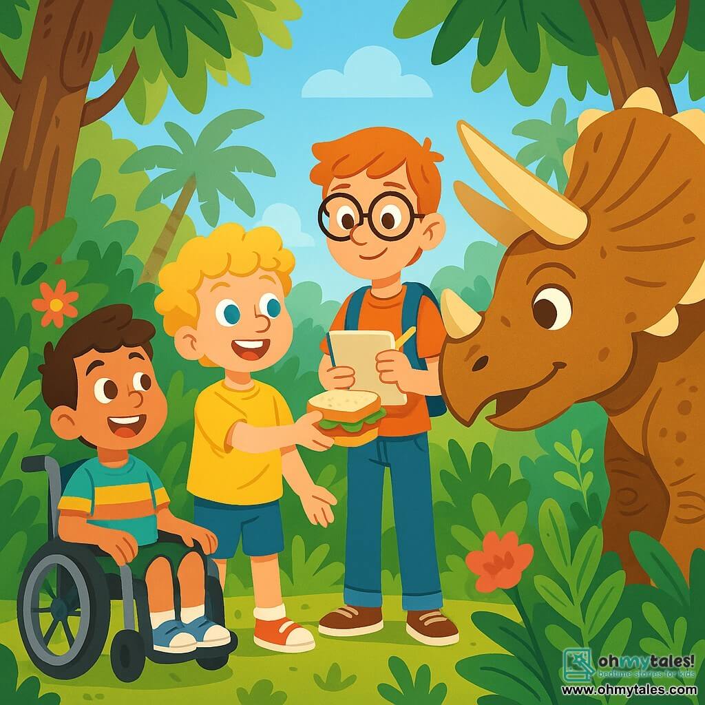 Three 9-year-old boys stand in the center of a vibrant prehistoric jungle. Max, with curly golden hair and sparkling blue eyes, holds a sandwich in one hand and gazes in wonder at a huge Triceratops in front of him. To his right, Leo, a tall boy with red hair and thick glasses, observes the dinosaur with fascination, sketchbook in hand, ready to draw. To the left, Sam, a smiling boy in a wheelchair wearing a colorful t-shirt, looks at the Triceratops with bright, excited eyes, his contagious smile lighting up his face. The jungle is lush, filled with large green ferns, vibrant flowers, and tall trees with thick trunks, while a clear blue sky looms above. In the background, sounds of prehistoric creatures resonate, adding to the adventurous atmosphere. The boys are trying to befriend the Triceratops, which seems curious and friendly. Max extends the sandwich as the Triceratops gently approaches, its large expressive eyes fixed on the children, creating a magical scene full of promises of adventure.