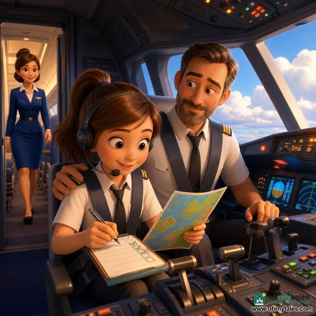 A young female co-pilot with a round smiling face, brown ponytail and focused bright eyes checks a colorful paper card and ticks a list with a pen; a roughly 40-year-old male pilot with a short beard sits beside her, kindly watching the instruments and resting a reassuring hand on her shoulder; a flight attendant in a blue uniform walks calmly down the cabin aisle in the background; the cockpit is lit by warm light with colorful buttons, bright screens, metal levers and large front windows showing blue sky and fluffy clouds; slight turbulence causes a small warning blink while the co-pilot updates her chart and speaks into the mic, the scene feeling organized, calm and precise with vivid contrasting colors.