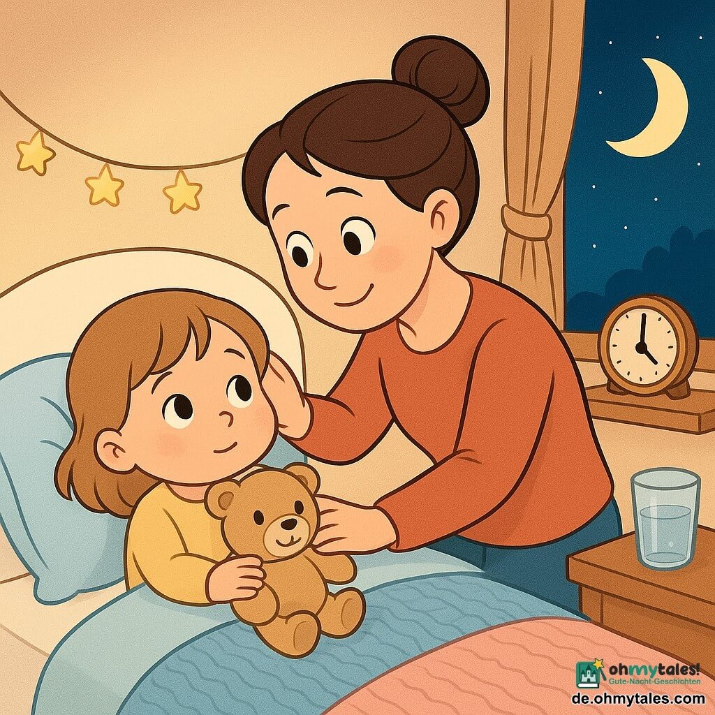 Die zweijährige Mila sitzt im Bett, rundes Gesicht, rosige Wangen, große neugierige halb verschlafene Augen und hält ein beiges Stoffteddy an die Brust; das Teddy ist hellbraun mit glänzenden schwarzen Augen und leichtem Lächeln auf ihrem Schoß. Die Mutter, etwa 30 Jahre alt mit braunen Haaren im Dutt und zärtlichem Lächeln, beugt sich seitlich ans Bett und streicht Mila durchs Haar. Auf einem Regal steht eine kleine Holz‑Uhr mit einfachem Zifferblatt und schwarzen Zeigern, auf dem Nachttisch ein Glas Wasser mit aufsteigender Blase und klaren Lichtreflexen. Hinter dem Bett zeigt das Fenster einen tiefblauen Nachthimmel mit einem blassen gelben Mondsichel. Das Zimmer ist warm mit cremefarbenen Wänden, pastelligen gestrickten Decken (Blau und Rosa), einer Girlande kleiner Sterne über dem Bett und einem weichen Teppich; Szene: ruhiges, zärtliches Einschlafritual, Mila hört der Mutter zu und blickt zum Mond, gedämpftes Licht, einfache Komposition und runde Formen.