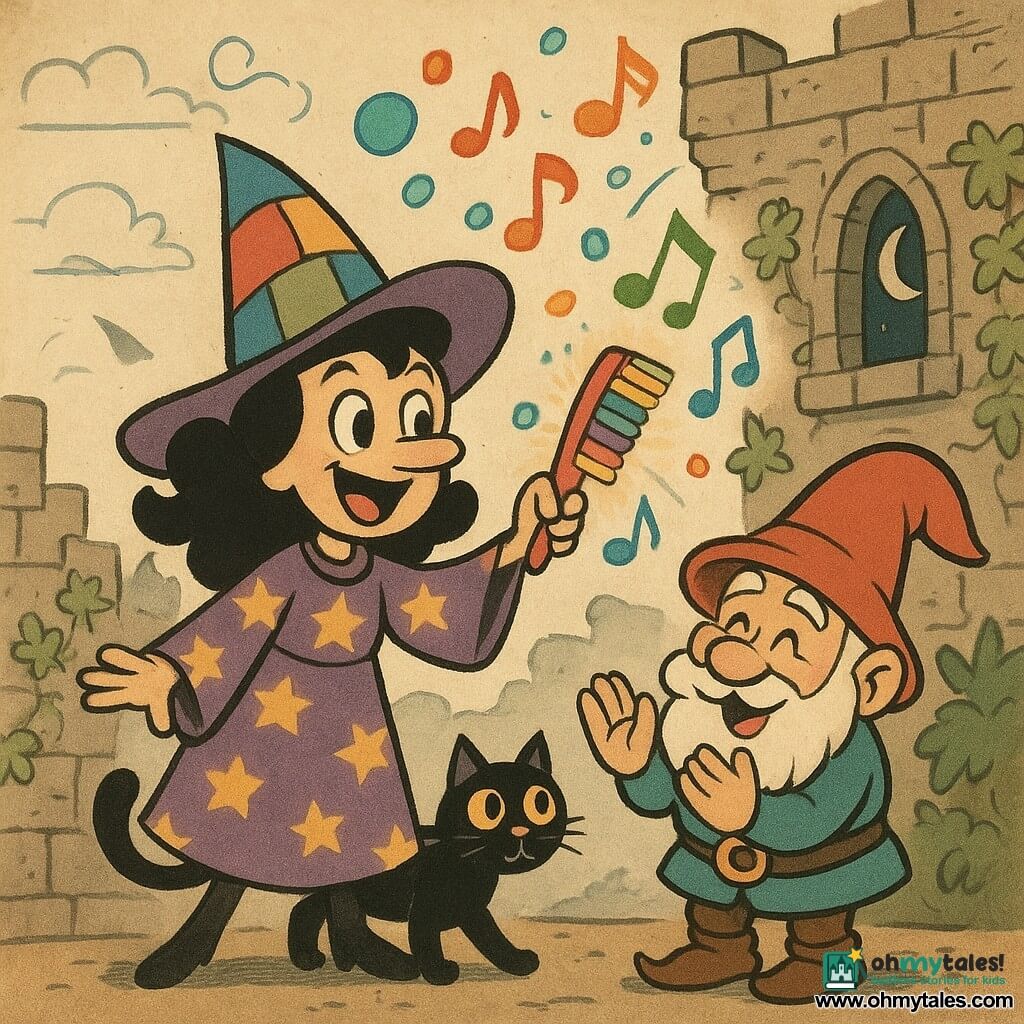 A joyful witch named Mimi Muddle, wearing a colorful patchwork hat and a star-patterned dress, holds a magical rainbow-toothed comb that glows. She is smiling and singing, her eyes sparkling with mischief. Beside her, a gnome named Nib, about 50 years old, with an oversized hat and a white beard, claps enthusiastically. He stands on tiptoe next to Mimi. A mischievous cat, Pips, with curious eyes, watches the scene while rubbing against Mimi's leg. The scene takes place atop the Misty Citadel, a fantastical location with stone walls covered in ivy and moon-shaped windows. The main situation shows Mimi using the magical comb to close a crack in the air, from which colorful letters and musical notes escape, floating like bubbles around them.