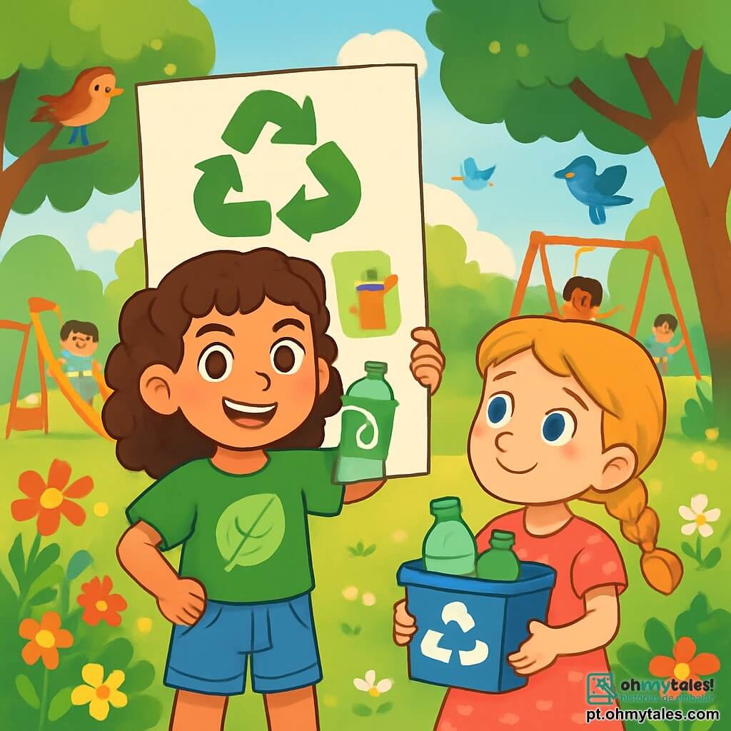 Uma menina de 8 anos, Sofia, com cabelos castanhos e cacheados, usa uma camiseta verde com um desenho de folha e um short jeans. Ela tem um sorriso determinado e olhos brilhantes de curiosidade. Sofia segura um grande cartaz colorido com desenhos de reciclagem, em pé no meio de um parque ensolarado, cercada por flores vibrantes e árvores majestosas. Ao lado dela, sua melhor amiga Clara, também de 8 anos, tem cabelos loiros trançados e usa um vestido rosa com bolinhas. Ela olha para Sofia com admiração, segurando um pequeno balde de reciclagem cheio de garrafas plásticas. Ao fundo, crianças de diferentes idades brincam alegremente em balanços e escorregadores, enquanto pássaros cantam nas árvores. A cena principal mostra Sofia e Clara, entusiasmadas e engajadas, prontas para explicar a outras crianças a importância de reciclar e proteger a natureza, com sorrisos radiantes e gestos expressivos.