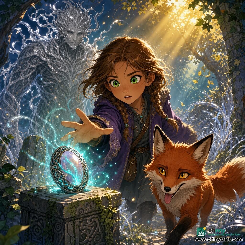 An apprentice witch named Elara with light chestnut braided hair, a worn purple coat and bright green eyes reaches toward a glowing oval amulet on a rune-carved stone pedestal in an enchanted clearing; a mischievous red fox with golden eyes and a playful expression jumps at her right front as if guiding her, while a tall silvery-rooted Guardian of misty form floats protectively behind the pedestal. The scene is warm and adventurous with saturated violet, turquoise and gold tones, sparkling silver grass, moonlit rays, ivy-covered stones and magical dust, focused light on the amulet and small sparks around it, clear soft lines and child-friendly expressions in a dynamic mid-shot composition.