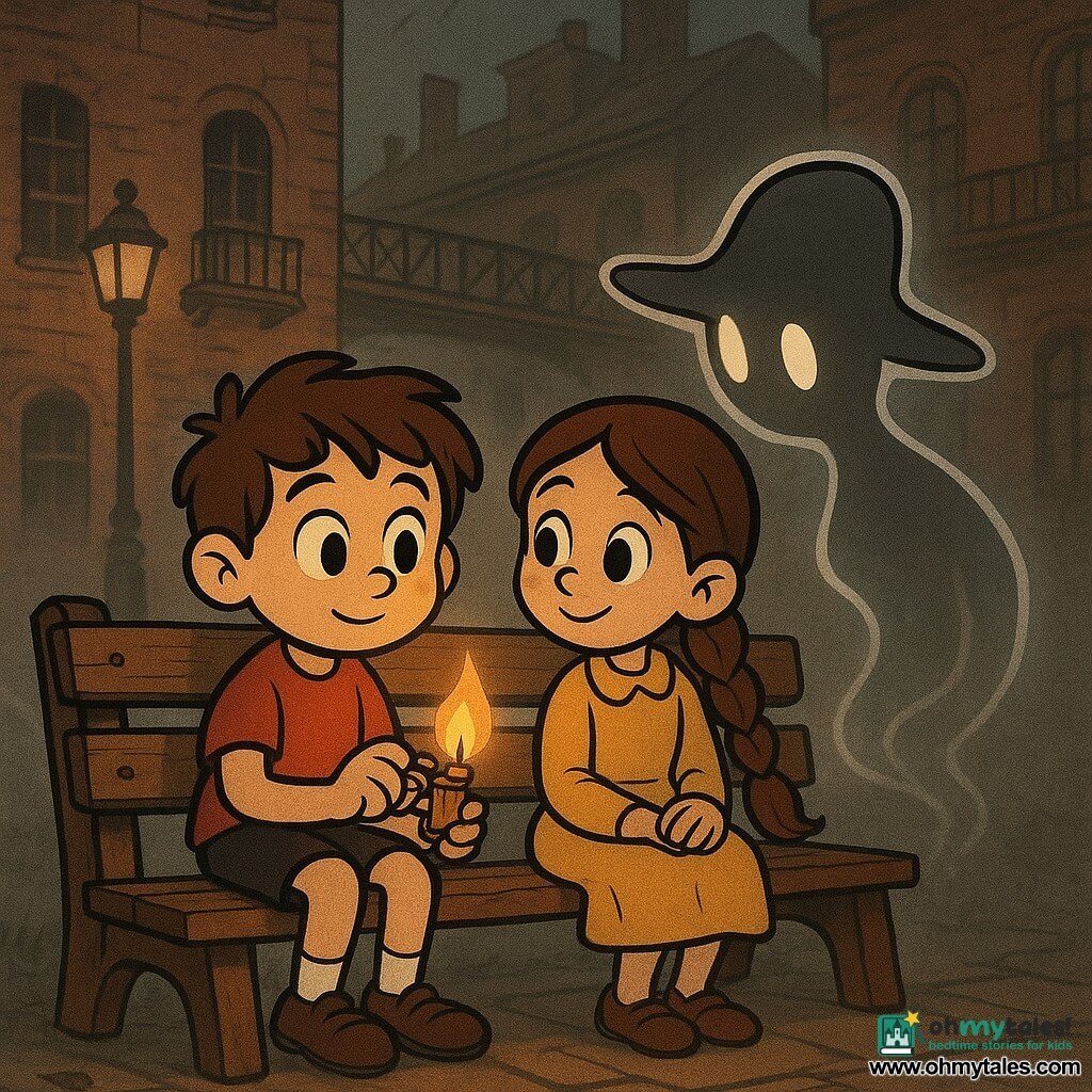 An 8-year-old boy, Milo, sits on a worn wooden bench with a round face, tousled brown hair and bright eyes, shy but determined, lighting a small brass lighter to ignite an amber nightlight that casts a warm circle on the planks; beside him an 8-year-old girl, Lila, with a long thick braid and a curious smile, hands on her knees, watches admiringly; a shadowy, translucent floating figure like a wide-brimmed hat edged in silver smoke stands a few steps away, leaning gently toward the light without menace; behind them are a row of old red-brick buildings with patinated wrought-iron balconies and small wooden walkways, the damp air veiled in mist that softens the streetlamps into yellow halos, creating a quiet, intimate, slightly magical scene of warm colors against a cold fog.