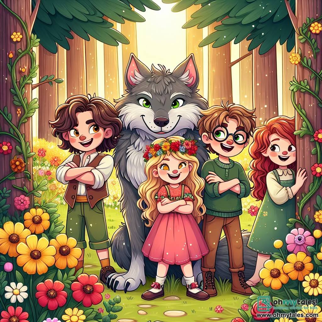 In a sunny clearing, four children stand together, surrounded by colorful flowers. Emma, an 8-year-old girl with long golden hair that shines like sunlight, smiles joyfully while holding a flower crown. Leo, a 9-year-old boy with messy brown hair and a determined look, stands next to her with crossed arms, ready for adventure. Mia, a 7-year-old girl with curly hair and a pink dress, bursts into laughter, her eyes sparkling with mischief as she hides behind a tree. Max, an 8-year-old boy with glasses and brown hair, watches intently with a mischievous smile, holding a storybook. In the center, the Big Bad Wolf, tall and fluffy with gray fur and bright green eyes, leans toward the children with a friendly smile, his large figure contrasting with their small size. The clearing is surrounded by tall trees with vibrant green leaves, and the ground is covered in colorful wildflowers dancing in the gentle breeze. The bright blue sky is dotted with fluffy white clouds. The main scene shows the children and the wolf playing together, laughing and having fun, illustrating the unexpected friendship forming between them, defying the stereotypes of the Big Bad Wolf.