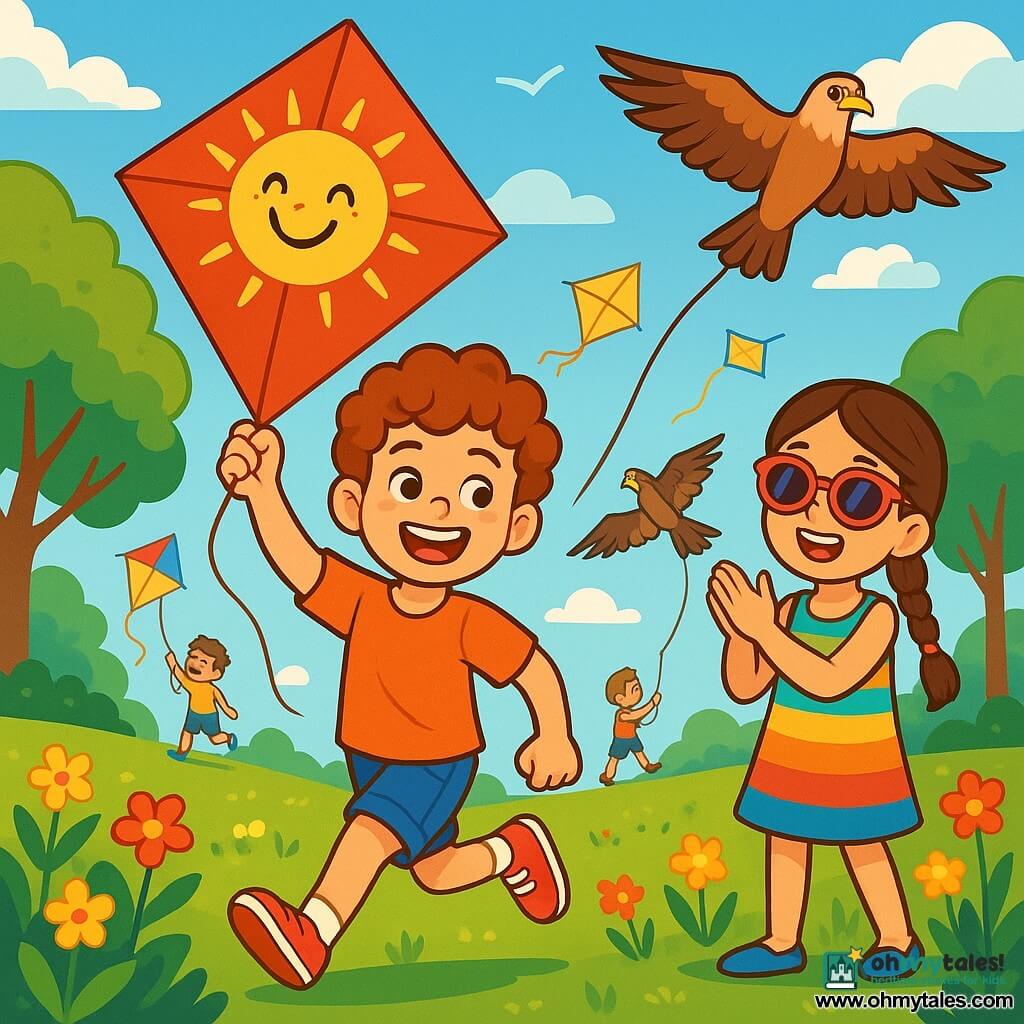 An 8-year-old boy named Oliver, with curly hair and a bright smile, joyfully runs in a sunny park, firmly holding a large red kite with a smiling sun painted on it. His face radiates pride and excitement, his sparkling eyes reflecting the joy of watching his kite soar in the blue sky. Next to him, his best friend Mia, a 7-year-old girl with long braided brown hair, enthusiastically claps, holding an eagle-shaped kite. She wears a colorful dress and sunglasses, standing slightly back, encouraging Oliver with a big smile. The park is filled with lush greenery, majestic trees, and colorful flowers dancing in the wind. Children of all ages are flying their kites, creating a vibrant tableau of colors in the sky. The main scene shows Oliver running determinedly, his kite flying high, feeling a wave of pride and happiness, surrounded by friends and a festive atmosphere.