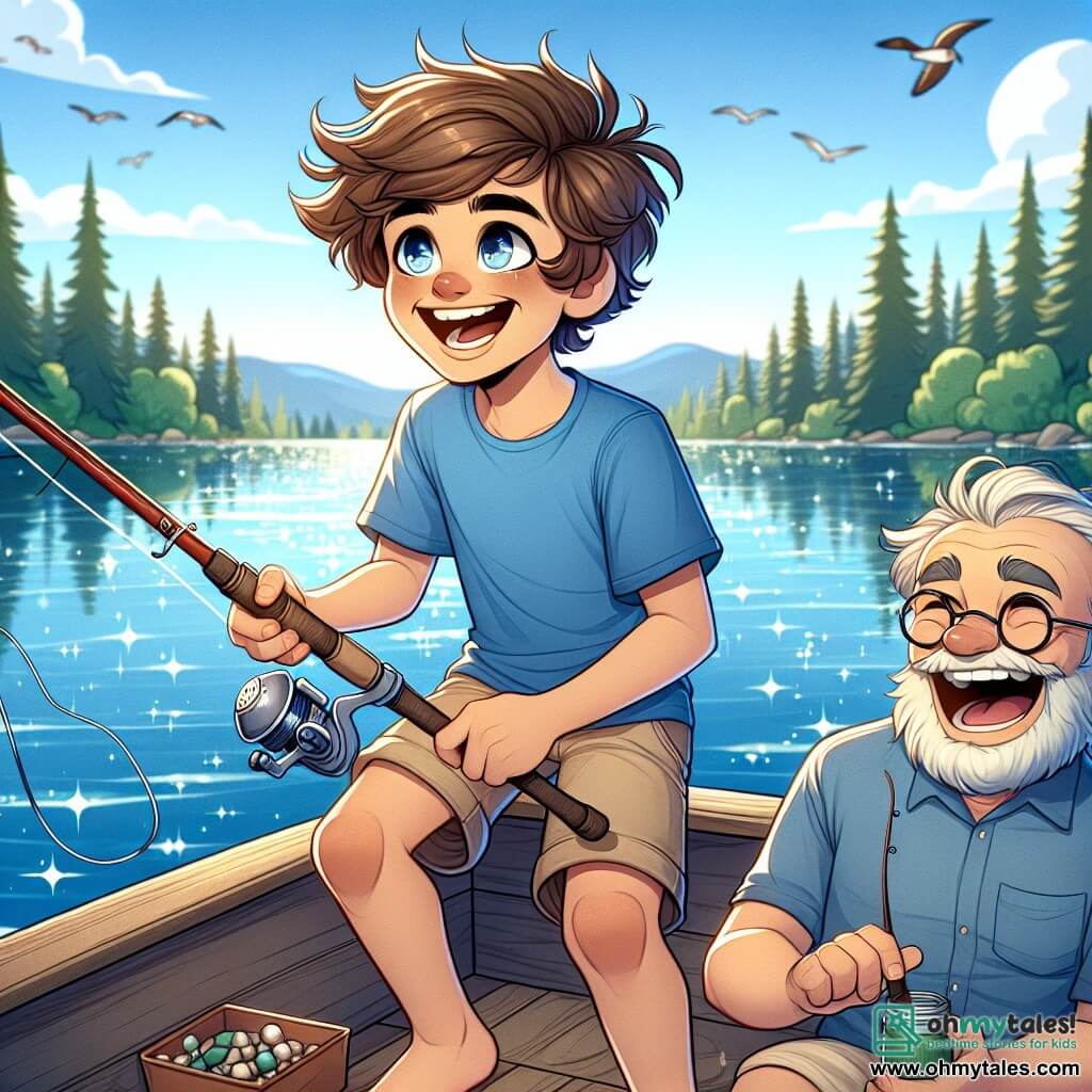 A 12-year-old boy, Ethan, with messy brown hair and sparkling eyes, smiles widely as he holds a fishing rod, standing on a small wooden boat. He wears a bright blue t-shirt and beige shorts, his bare feet resting on the wooden deck. Next to him, his grandfather, an elderly man with a gray beard and round glasses, joyfully laughs while holding a bait box, his eyes shining with pride. In the background, a beautiful stretch of lake sparkles under the sun, surrounded by tall green trees and distant mountains, while birds fly in the blue sky. The scene conveys a sense of happiness and adventure, capturing the moment when Ethan discovers the joy of outdoor fishing with his grandfather.