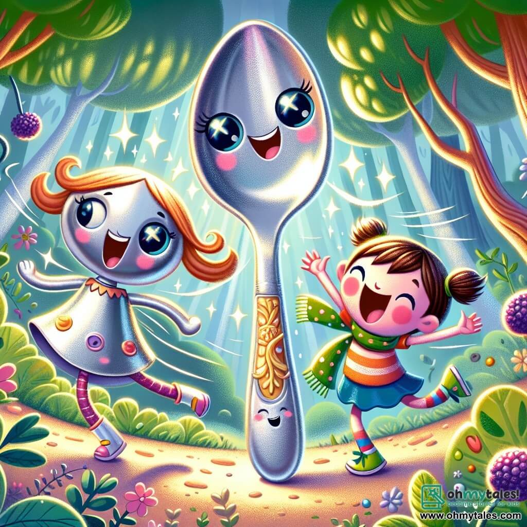An illustration depicts a small spoon-shaped character with a shiny silver body and a big joyful smile. He has sparkling eyes and looks excited, bouncing on his rounded tip, ready for adventure. Next to him, a brave little girl shaped like a butter knife, with a sparkling golden blade and a determined expression, raises her arm in encouragement. A fork-shaped boy, with colorful tines and a polka-dot scarf around his handle, joyfully spins around. Their environment is an enchanted forest, where twisted trees dance with the wind, and sunlight filters through the leaves, creating a magical play of light on the ground. Nearby, giggling purple berries hide in a bush, ready to tease them. The main scene shows the group laughing as they are tickled by the giggling berry bush's branches. Laughter and bubbles of joy float around, adding a touch of magic to the scene. Other graphic elements include bright and cheerful colors, sparkling light bursts, and fun details like silly hats on the clouds above, enhancing the playful and fantastical atmosphere of their adventure.
