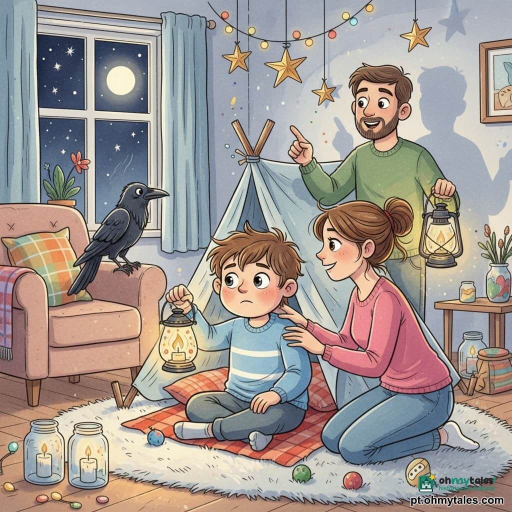 Um rapaz de 12 anos, rosto redondo e cabelo castanho despenteado, olhos grandes, segura uma lanterna de vidro decorada que emite luz quente, sentado na entrada de uma pequena tenda improvisada na sala; a mãe, cerca de 35 anos, cabelo longo preso e sorriso tranquilizador, está agachada com a mão no ombro do filho e olhar protetor; o pai, cerca de 37 anos, com barba curta e olhos risonhos, segura outra lanterna e aponta para estrelas de papel no teto, em pé atrás da tenda; um corvo negro estilizado pousa no encosto de uma poltrona perto da janela, curioso e cúmplice; a sala é aconchegante — sofá macio, tapete, mantas coloridas, luzes pendentes, potes de vidro pintados com velas e uma grande janela com lua e estrelas; situação: acampamento familiar noturno íntimo e acolhedor, a lanterna projeta sombras suaves, os pais encorajam o filho entre apreensão e descoberta.