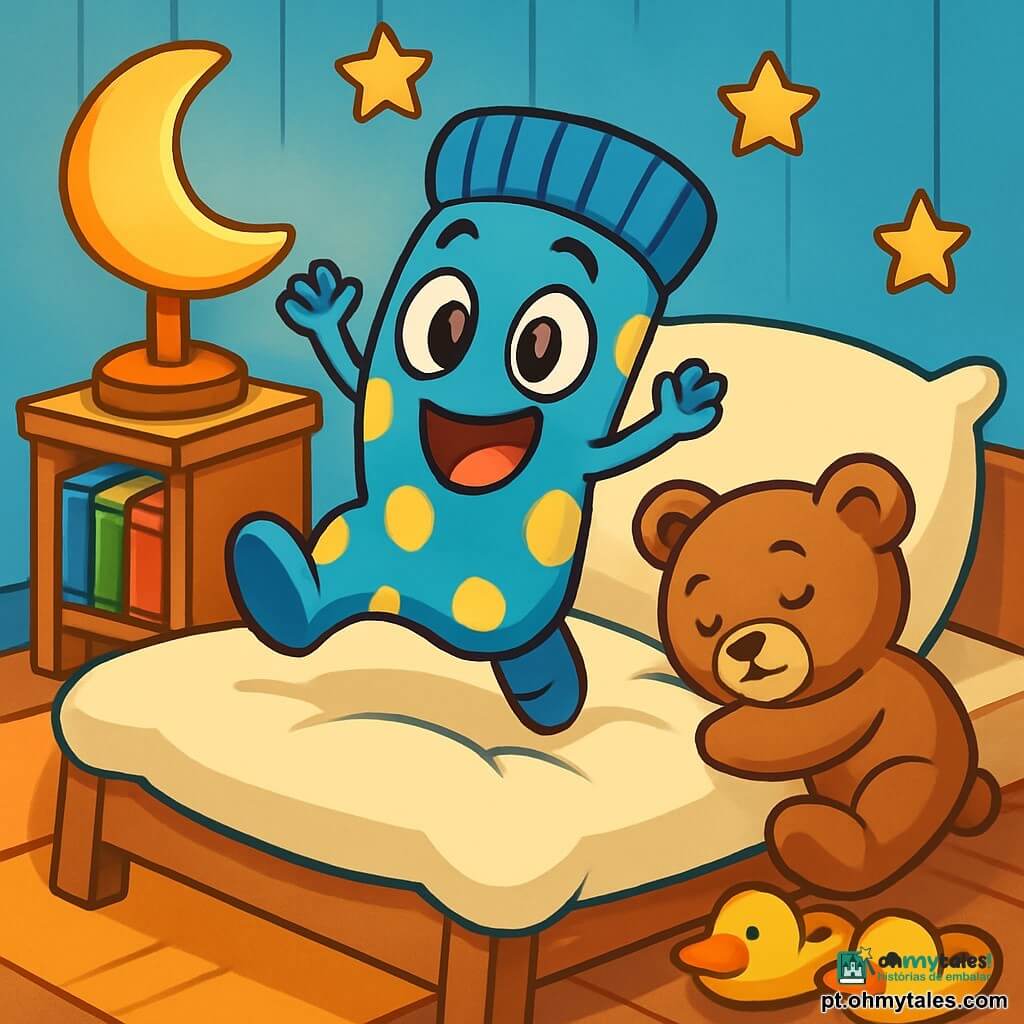 Um meião azul com bolinhas amarelas, chamado Bolotinha, está alegremente estendido em um grande travesseiro macio, com um grande sorriso e olhos brilhantes de curiosidade. Ele parece pronto para uma aventura, com os bracinhos estendidos para o céu. Ao lado dele, um ursinho de pelúcia suave e carinhoso, com um nariz de botão e um sorriso adormecido, está deitado de lado, com os olhos fechados, sonhando tranquilamente. O cenário é um quarto acolhedor, com paredes pintadas de azul pastel, estrelas douradas penduradas no teto e uma luz suave emanando de um abajur em forma de lua. Livros coloridos estão empilhados em uma pequena estante de madeira, e pantufas em forma de pato estão espalhadas pelo chão. Bolotinha, determinado e cheio de energia, se prepara para pular da cama em busca de seu amigo Bolotão, que desapareceu. A ilustração captura o momento em que ele toma impulso, pronto para mergulhar em uma nova aventura cheia de risadas e surpresas.