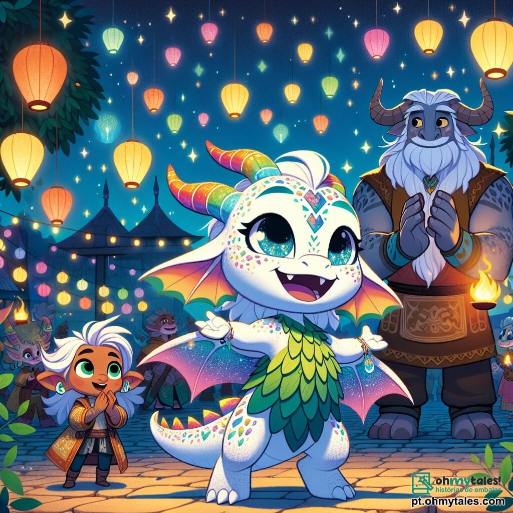 No centro da imagem, uma pequena dragonesa chamada Zara, com escamas cintilantes nas cores do arco-íris e olhos brilhantes como estrelas, dança alegremente sob um céu estrelado, expressando alegria e excitação. Ela está cercada por lanternas coloridas que flutuam ao seu redor, iluminando seu sorriso radiante. À sua direita, um elfo de cabelos prateados e orelhas pontudas, vestido com uma túnica de folhas, aplaude com admiração, seu rosto irradiando orgulho pela dança de Zara. À sua esquerda, um minotauro imponente, com chifres majestosos e um avental de cozinha, sorri calorosamente enquanto segura um prato de especialidades, mostrando seu apoio ao evento. O cenário se passa em uma praça central animada da cidade de Luminária, pavimentada com pedras luminosas que brilham sob a luz das lanternas. Árvores com folhas brilhantes cercam o palco, e criaturas de todos os tipos se reúnem, criando uma atmosfera festiva e acolhedora. A cena principal mostra Zara dançando com entusiasmo, celebrando a diversidade e a unidade das diferentes culturas presentes no festival, enquanto os outros personagens a incentivam e compartilham sua alegria, ilustrando assim a harmonia e a beleza da diversidade.