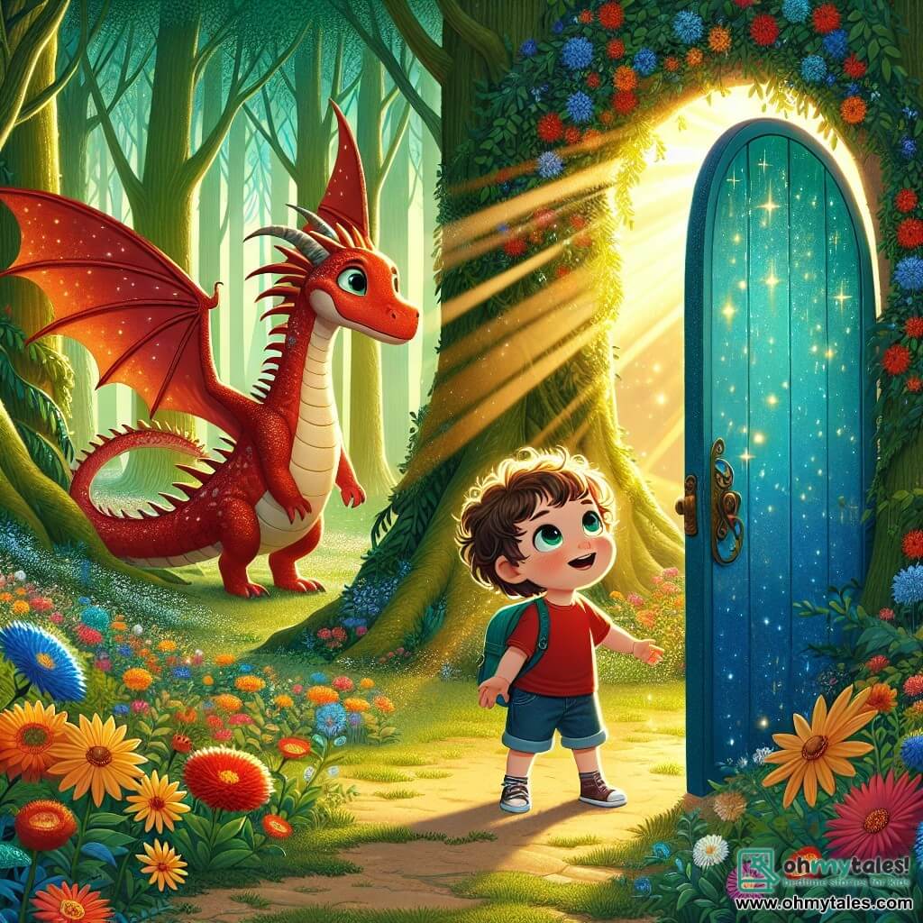 A 2-year-old boy with curly hair and sparkling eyes stands in front of a shiny blue door. He wears a red t-shirt and denim shorts, and his face shows immense joy and excitement. Next to him is a warm and friendly red dragon, with shimmering scales and big gentle eyes, ready to take flight. The dragon is large and majestic, with its wings spread wide. The scene takes place in a magical forest with tall, lush trees and colorful flowers that sing sweet melodies. Sun rays filter through the leaves, illuminating the flower-covered ground. The amazed boy looks at the magical door he just opened, while the dragon invites him to climb on its back for a flight over the enchanted forest.