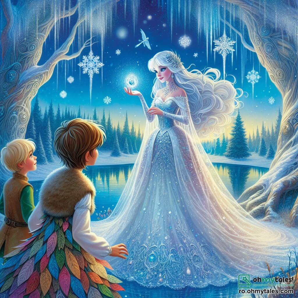 Regina zăpezii, cu rochia ei lungă strălucitoare din cristale de gheață, stă măreț în centrul scenei, fața ei delicată fiind luminată de un zâmbet blând dar melancolic. Părul ei argintiu plutește ca fulgii de zăpadă, iar ochii ei strălucesc cu o lumina misterioasă. Lângă ea, Kay, un băiat de aproximativ 12 ani, cu părul castaniu și ochi strălucitori, privește cu curiozitate ceasornicul magic pe care îl ține în mâini. Gerda, o fetiță de 10 ani cu părul auriu și o rochie din frunze colorate, se apropie cu o privire uimită, pregătită să descopere secretul timpului. Scena se desfășoară în inima unei păduri fermecate, unde copacii măreți cu trunchiuri argintii se ridică spre un cer albastru deschis presărat cu nori pufoși. Fulgi de zăpadă dansează în jurul lor, în timp ce un lac strălucitor reflectă lumina soarelui, creând o atmosferă feerică. Regina zăpezii, Kay și Gerda stau împreună, înconjurați de magie, în timp ce explorează puterea ceasornicului, căutând să restabilească echilibrul în lumea lor fermecată.