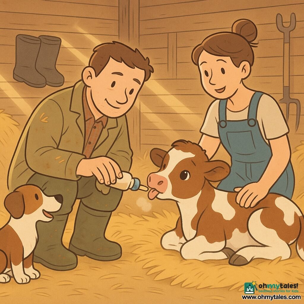 A calm smiling male veterinarian in a straw-stained khaki jacket gently gives electrolytes to a small brown-and-white calf while the relieved farmer Mia, about 30–35 with her hair in a bun and denim overalls, supports the calf; Buttons, a brown-and-white dog, sits alert in the foreground. The calf, Daisy, lies on golden straw, timidly licking a drop; the warm wooden barn with golden light, hanging tools and straw piles creates an intimate, reassuring scene of gentle care with soft colors and textured details.