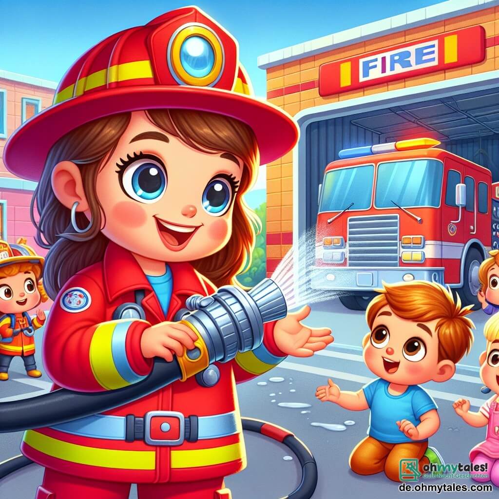 Eine Feuerwehrfrau mit einem breiten, warmen Lächeln und funkelnden Augen trägt eine glänzende rote Uniform und einen strahlenden Helm. Sie zeigt ein großes Schlauch zu den begeisterten Kindern. Ein kleiner Junge, Max, 6 Jahre alt, mit zerzausten braunen Haaren und einem blauen T-Shirt, schaut mit großen neugierigen Augen auf den Schlauch. Ein kleines Mädchen, Lila, 5 Jahre alt, mit blonden Zöpfen und einem rosa Kleid, hockt und berührt den Schlauch mit Staunen. Die Szene spielt vor einer großen, leuchtend roten Feuerwehrstation, mit glänzenden Feuerwehrwagen, die draußen parken, und Rettungswerkzeugen, die an den Wänden hängen. Die Feuerwehrfrau erklärt begeistert, wie man den Schlauch zum Löschen eines Feuers benutzt, während die Kinder ihre Gesten nachahmen, lachen und um sie herumspielen in einer fröhlichen und dynamischen Atmosphäre.