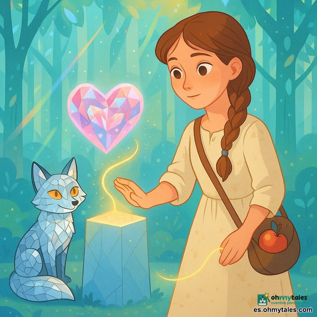 Alba, adolescente de unos 16 años, rostro dulce, ojos color miel y expresión tímida pero resuelta, con larga trenza y lazo azul, extiende la mano derecha hacia un pedestal de cuarzo donde yace un corazón de cristal rosado y azulado que emite un hilo de luz dorada que se enrosca en su muñeca; viste una sencilla túnica de lino crema manchada de polvo de bosque, lleva una pequeña bandolera con una manzana visible; a su izquierda, un zorro de espejos de pelaje formado por fragmentos reflectantes plateados y ojos ámbar la observa con picardía; todo ocurre en una claro entre troncos de vidrio y hojas espejo, suelos de polvo brillante y musgos azul verdosos, con rayos de luz prismáticos, paleta pastel saturada, contrastes suaves y texturas lisas y brillantes.
