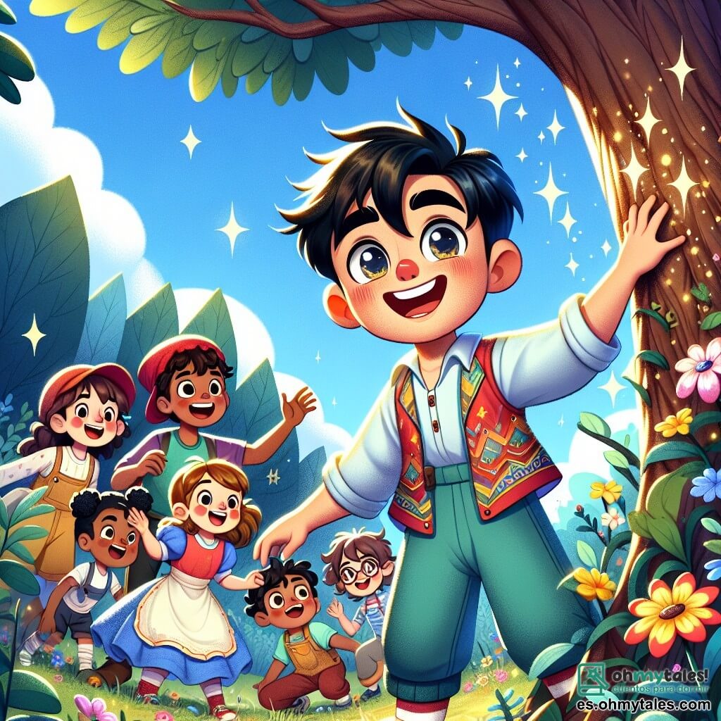 Aladino, un niño con cabello negro y ojos brillantes, lleva un chaleco colorido y pantalones ligeros. Son sonrisa es grande y curiosa mientras se encuentra frente a un árbol mágico de hojas brillantes, extendiendo su mano hacia sus ramas. A su lado, un grupo de niños alegres, incluida una niña de cabello rizado con una gorra roja y un niño con gafas redondas, todos de unos 8 años. Ríen y juegan alrededor del árbol, mientras la niña recoge una flor colorida y el niño recoge hojas. El lugar es un hermoso y misterioso bosque, lleno de árboles de troncos gruesos y flores vibrantes, bajo un cielo azul claro con nubes blancas. La escena principal muestra a Aladino y sus amigos comprometidos en una misión alegre para limpiar el bosque y cuidar la naturaleza, con sonrisas radiantes y una atmósfera de camaradería y magia.
