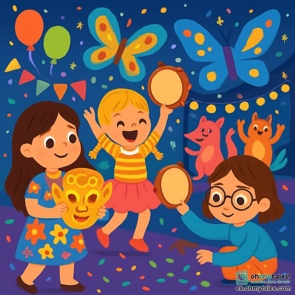 Hay 3 personajes: - Lucía: una niña de 8 años, con largos cabellos castaños y ojos brillantes. Lleva un vestido colorido con motivos de flores y sostiene un magnífico mascarón dorado en sus manos. - Marta: una niña de 7 años, con trenzas rubias y una gran sonrisa. Está vestida con una camiseta a rayas y una falda de tul rosa, saltando de alegría junto a Lucía. - Sara: una niña de 8 años, con cabello castaño y gafas redondas. Lleva un suéter azul y pantalones con lunares, recogiendo confeti brillante del suelo. El lugar donde ocurre la situación principal es un carnaval mágico, lleno de colores vibrantes y luces centelleantes. Mariposas gigantes vuelan a su alrededor, mientras animales fantásticos bailan en un escenario decorado con guirnaldas luminosas. Globos multicolores flotan en el aire y risas alegres resuenan por todas partes. La situación principal de la historia muestra a las tres amigas participando en el Gran Desfile, tocando pequeños tambores y bailando con criaturas fantásticas bajo un cielo estrellado, rodeadas de confeti colorido que cae como lluvia.