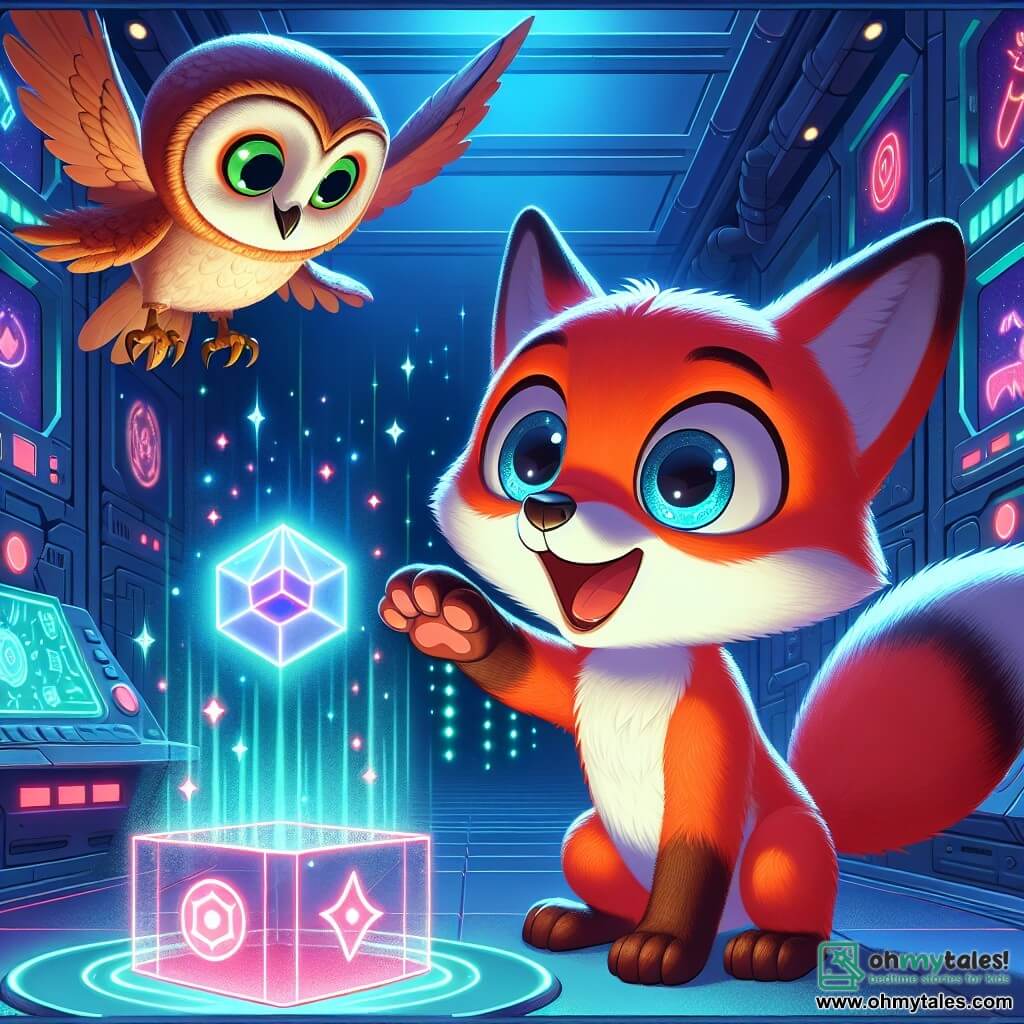 An illustration depicts a young fox with bright red fur and a fluffy tail, expressing great curiosity and excitement. It is touching a small glowing cube floating in front of it, its eyes shining with fascination. Nearby, a small owl with soft feathers and large round eyes, showing a wise and encouraging expression, watches the fox with a benevolent smile from a shelf filled with futuristic gadgets. The main setting is a secret technological laboratory, filled with sparkling machines and colorful holograms projecting fascinating images. The walls are adorned with blinking lights and screens displaying bright data, creating a magical and futuristic atmosphere. The key moment shows the young fox discovering the glowing cube that speaks to it, revealing secrets about a special project to improve its city. Enthusiasm and curiosity fill the air as the owl encourages the fox to continue its adventure. Other graphic elements include floating gadgets, holographic screens displaying colorful maps of the city, and a soft light emanating from the cube, creating an atmosphere of discovery and wonder.
