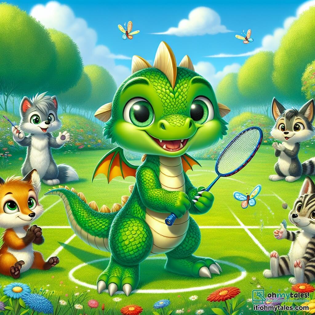 Un piccolo drago di nome Fiamma, con squame verdi brillanti e ali dorate, si trova al centro di un prato verde. Ha un'espressione gioiosa e determinata, tenendo una racchetta da badminton tra le sue piccole zampe. Alla sua destra, un lupo dai peli grigi e dagli occhi maliziosi, sorridente e pronto a giocare, tiene anch'esso una racchetta. A sinistra, una volpe rossa dagli occhi scintillanti, con una coda folta, applaude con entusiasmo. Un gattino tigrato, seduto sull'erba, guarda con ammirazione, i suoi occhi rotondi brillanti di curiosità. Il luogo è un vasto prato soleggiato, punteggiato di fiori colorati e circondato da alberi maestosi, con un cielo blu chiaro e alcune nuvole soffici. La scena principale mostra Fiamma e i suoi amici pronti a iniziare una partita di badminton, pieni di eccitazione ed energia, circondati da un'atmosfera di amicizia e gioia.