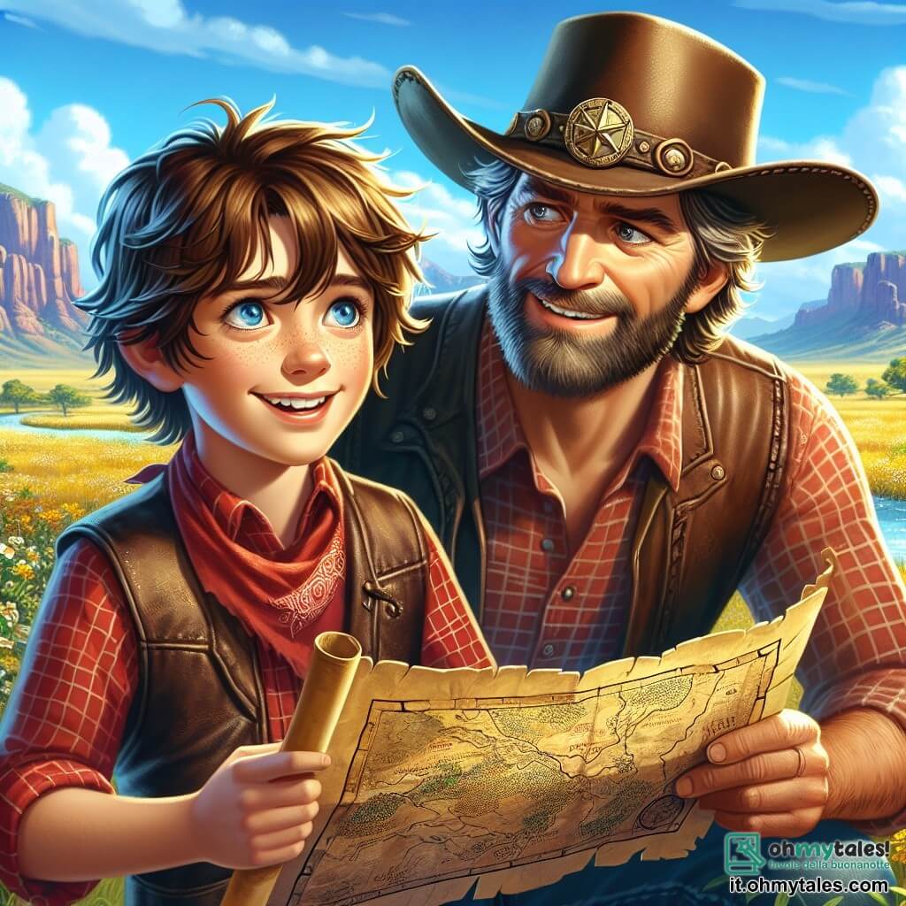 In primo piano, Jake, un giovane cowboy di dodici anni, si erge fiero e determinato. Ha i capelli castani arruffati, occhi blu scintillanti di coraggio e indossa un cappello da cowboy consumato, una camicia a quadri rossa e un gilet di pelle. Brandisce una mappa del tesoro con un sorriso di eccitazione sul volto, pronto per l'avventura. Accanto a lui, Tom, un ranger di quaranta anni, è un uomo robusto con la barba sale e pepe e uno sguardo protettivo. Indossa un cappello da cowboy largo e una giacca di pelle. Si piega leggermente verso Jake, incoraggiandolo con un sorriso complice, una mano sulla spalla del ragazzo. Il contesto è una vasta prateria dorata, punteggiata di fiori selvatici sotto un cielo blu brillante. Sullo sfondo, maestose montagne si ergono e un ruscello scintillante serpeggia nel paesaggio. La scena principale mostra Jake e Tom che pianificano la loro prossima avventura, discutendo della mappa misteriosa trovata da Jake, con un'atmosfera palpabile di eccitazione e cameratismo.