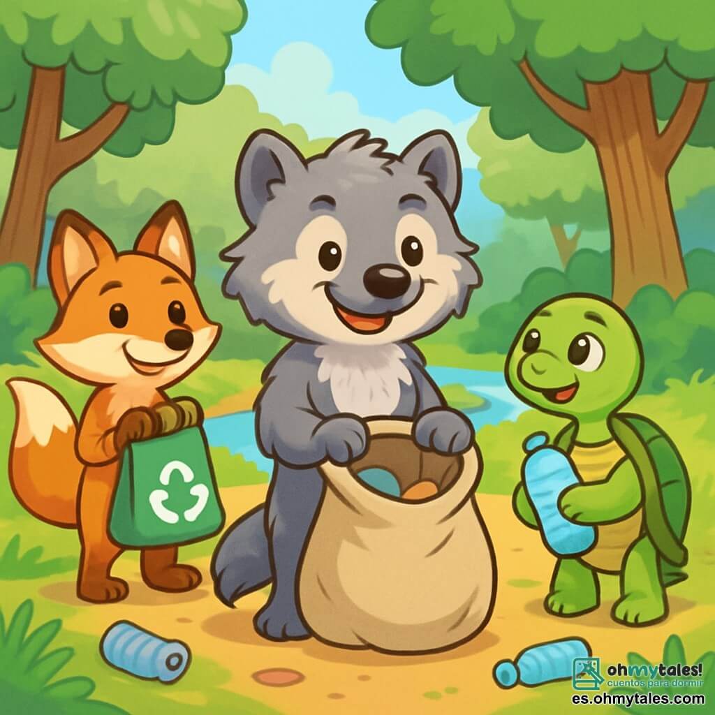 Un joven lobezno llamado Lupo, con pelaje gris y esponjoso, ojos brillantes y curiosos, está en el centro de la escena, sonriendo con orgullo mientras recoge basura en una gran bolsa de tela. A su derecha, una tortuga llamada Matilde, con un caparazón verde y ojos suaves, mira a Lupo con admiración, sosteniendo una botella de plástico en sus patas delanteras. A la izquierda, un zorro astuto llamado Tomás, con pelaje naranja brillante y una cola esponjosa, sonríe sosteniendo una bolsa de reciclaje, listo para ayudar. El lugar es un claro soleado del bosque, rodeado de grandes árboles con hojas verdes, y un arroyo cristalino fluye suavemente de fondo. La escena muestra a Lupo y sus amigos en plena acción, unidos en su misión de limpiar el bosque, con colores vivos y alegres que transmiten un sentimiento de armonía y camaradería.