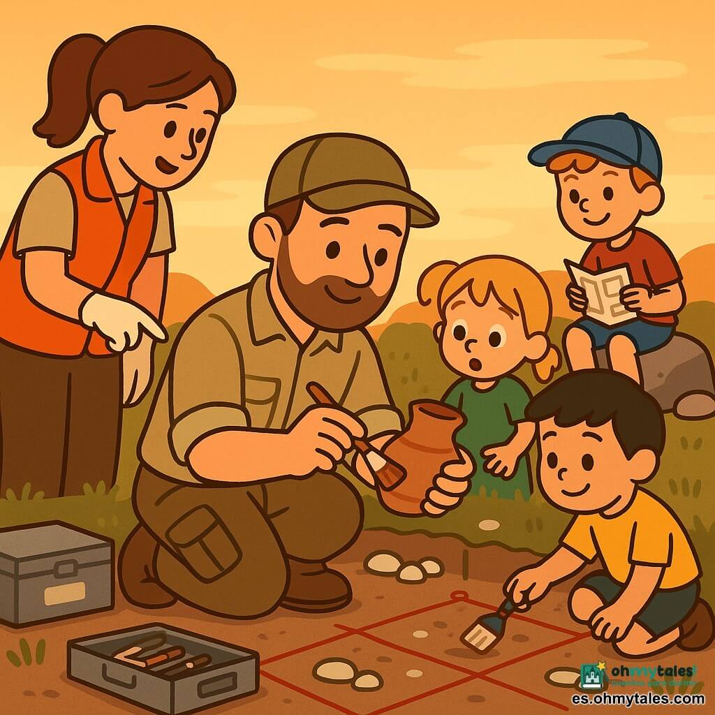 Un arqueólogo hombre, sonriente y tranquilo, rostro redondo, barba corta castaña, gorra caqui, camisa beige remangada y pantalón cargo, arrodillado limpiando suavemente un fragmento de cerámica con un pincel fino en la mano derecha; a su izquierda, una colega adulta sonriente y atenta con cabello castaño recogido, chaleco naranja, señalando con un dedo enguantado; tres niños curiosos: un niño de 6 años de pelo negro y camiseta amarilla tocando un pincel junto a la caja de herramientas, una niña de 4 años rubia con vestido verde mirando la cerámica asombrada, y un niño de 5 años pelirrojo con gorra azul sentado en una piedra sonriendo mientras sostiene una pequeña tarjeta; suelo de hierba corta y tierra clara con cuadrículas de cuerdas rojas, piedras blancas y cajas metálicas ordenadas; excavación al crepúsculo con luz naranja suave, ambiente limpio y tranquilo, gestos respetuosos, objetos etiquetados y colores vivos, composición centrada en el arqueólogo y la cerámica.
