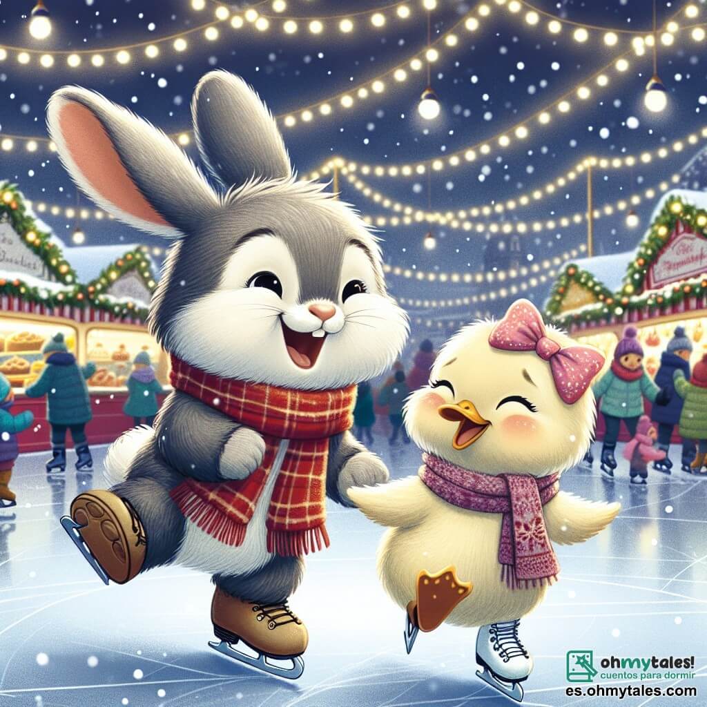 Bruno, un pequeño conejo de grandes orejas y pelaje suave y gris, está lleno de alegría y asombro. Lleva una bufanda roja y un pequeño gorro de lana, saltando con entusiasmo sobre el hielo de una pista de patinaje iluminada por guirnaldas brillantes. A su lado, Clara, una patita de color crema con un bonito lazo rosa, patina con gracia, su rostro radiante de felicidad y amistad. Ríe mientras se desliza alrededor de Bruno, creando círculos en la nieve. Al fondo, el mercado de Navidad está animado, con puestos coloridos decorados con luces brillantes, mesas de pasteles y juguetes, y familias que se reúnen para celebrar. Los copos de nieve caen suavemente, añadiendo un toque mágico a la escena. La situación principal muestra a Bruno y Clara patinando juntos, riendo y divirtiéndose, mientras el espíritu navideño los rodea, llenando el aire de alegría y camaradería.