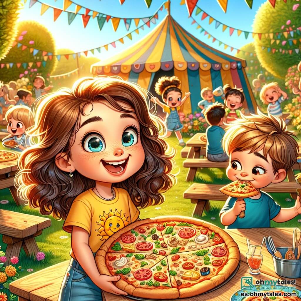 Una niña de 8 años, llamada Sofía, con grandes ojos brillantes y cabello rizado castaño, sonríe entusiasmada mientras sostiene una pizza recién horneada. Lleva una camiseta amarilla con un sol sonriente y un short de mezclilla. A su lado, un niño de 8 años llamado Pedro, con el cabello rubio despeinado y una camiseta azul, ríe mientras intenta dar un mordisco a su propia pizza, con las mejillas llenas de queso. El escenario es un jardín soleado del campamento de vacaciones, lleno de mesas de madera decoradas con manteles coloridos, rodeado de flores brillantes y árboles verdes. Al fondo, niños juegan y ríen, mientras una gran carpa colorida está instalada, donde banderas de diferentes países ondean suavemente al viento. La situación principal muestra a Sofía y Pedro, rodeados de sus amigos, disfrutando de sus pizzas caseras, con risas y expresiones alegres en sus rostros, celebrando su aventura culinaria y la amistad que han forjado en el campamento.