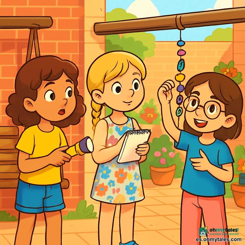 Hay 3 personajes: - Lucía: Una niña de 9 años, con cabello castaño y rizado, que lleva una camiseta amarilla brillante y un pantalón corto de mezclilla. Sostiene una pequeña linterna y observa atentamente a su alrededor. - Marina: Una niña de 9 años, con cabello rubio trenzado, vestida con un vestido de flores y sandalias. Tiene un cuaderno y un lápiz, lista para escribir observaciones. - Paula: Una niña de 8 años, con cabello castaño y gafas redondas, que lleva una camiseta azul y un pantalón rosa. Está mostrando su móvil de piedras, sonriendo y entusiasmada. Las tres niñas están en un patio soleado, rodeado de muros de ladrillo rojo, con macetas de flores coloridas y un viejo columpio de madera. Al fondo, una pequeña fuente murmura suavemente, añadiendo un ambiente pacífico al lugar. La escena principal muestra a las niñas en plena investigación, examinando un móvil de piedras colgado en la barandilla. Lucía ilumina el móvil con su linterna, mientras Marina toma notas y Paula explica cómo lo hizo. Las piedras coloridas y los hilos brillantes bailan suavemente con el viento, creando una escena viva y llena de curiosidad.