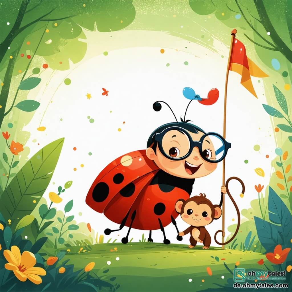 Eine kleine Marienkäfer namens Lola, mit einem Funkeln der Freude in ihren großen runden Augen, trägt eine lustige Brille auf der Nase. Ihr leuchtend roter Körper ist mit schwarzen Punkten übersät, und sie fliegt begeistert über ein großes grünes Laub und hält eine kleine bunte Fahne, um den Start des Rennens zu signalisieren. Neben ihr springt ein fröhlicher kleiner Affe namens Mimi mit braunem Fell und schelmischen Augen von Ast zu Ast, lacht und ermutigt Lola, sich ins Abenteuer zu stürzen. Weiter weg bereitet sich ein eleganter Leopard namens Leo mit goldenen Flecken auf seinem Fell darauf vor, einen Sprung zu machen, bereit, am Rennen teilzunehmen. Die Szenerie ist ein üppiges grünes Dôme, wo große Bäume mit leuchtenden Blättern ein natürliches Dach bilden und ein glitzernder Bach durch die Landschaft schlängelt, der den blauen Himmel widerspiegelt. Die Hauptsituation zeigt Lola, voller Energie, bereit, das große Blätter-Boot-Rennen zu beginnen, umgeben von ihren tierischen Freunden, die alle gespannt darauf warten, wer als Erster die Ziellinie überqueren wird.