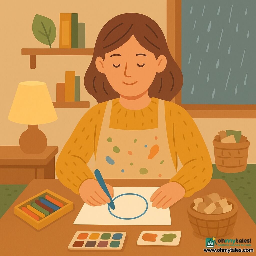 A serene 30-year-old woman artist with loose chestnut hair and gentle eyes sits at a small wooden table, smiling as she holds a blue pencil and draws a slightly wobbly circle; she wears a mustard wool sweater and a paint-stained apron with rolled sleeves and fingers tinted with watercolor. On the table are an open box of colored pencils, a small watercolor set with a green stain, and a basket of recycled paper scraps to her right; no other people are present. The cozy studio features a cream-shaded lamp casting warm light, a textured moss-green rug under the table, wooden shelves of papers and sketchbooks, and a fogged window with fine rain outside, creating a soft, child-friendly composition focused on the peaceful, concentrated artist.