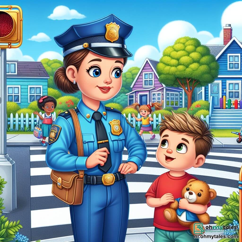 Een glimlachende politieagente, agent Sophie, staat naast een zebrapad, gekleed in een helderblauw uniform met een glanzende badge. Ze heeft bruin haar in een knot en sprankelende ogen van blijdschap, wat haar enthousiasme om kinderen te helpen laat zien. Naast haar staat een jongetje van 7 jaar, Pieter, met rommelig blond haar en een rood t-shirt, die met bewondering naar agent Sophie kijkt terwijl hij een teddybeer vasthoudt. De omgeving is een mooie wijk met kleurrijke huizen, groene bomen en een heldere blauwe lucht. Kinderen spelen in de buurt, en een meisje met twee staartjes heeft plezier op een schommel. De scène toont agent Sophie en Pieter die op zoek zijn naar een verloren teddybeer, met vastberaden en blije gezichten terwijl ze de speeltuin verkennen, omringd door gelach en vreugde.
