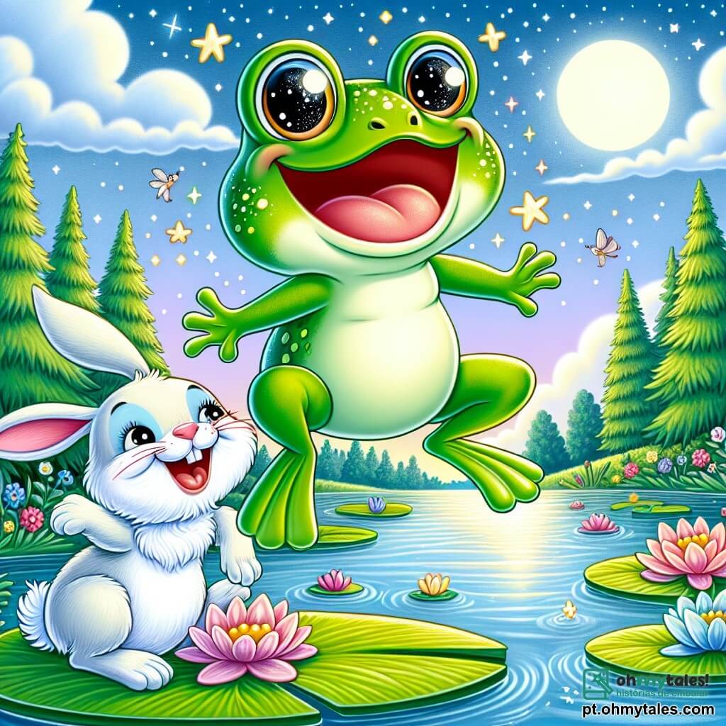Uma pequena rã chamada Rafa, com pele verde brilhante e grandes olhos redondos e cintilantes, salta alegremente sobre uma folha de lírio, com um grande sorriso no rosto que expressa sua alegria e admiração. Ao lado dela, um coelhinho travesso de pelos brancos e macios, com grandes orelhas em pé, observa Rafa com olhos brilhantes de excitação, pronto para viver uma aventura. O cenário é um lindo lago cercado por flores coloridas, grandes árvores com folhas verdes e um céu azul salpicado de nuvens fofas. A cena principal mostra Rafa, a rã, saltando alto no ar, com o coelhinho nas costas, ambos se lançando em direção às estrelas cintilantes que iluminam o céu noturno.