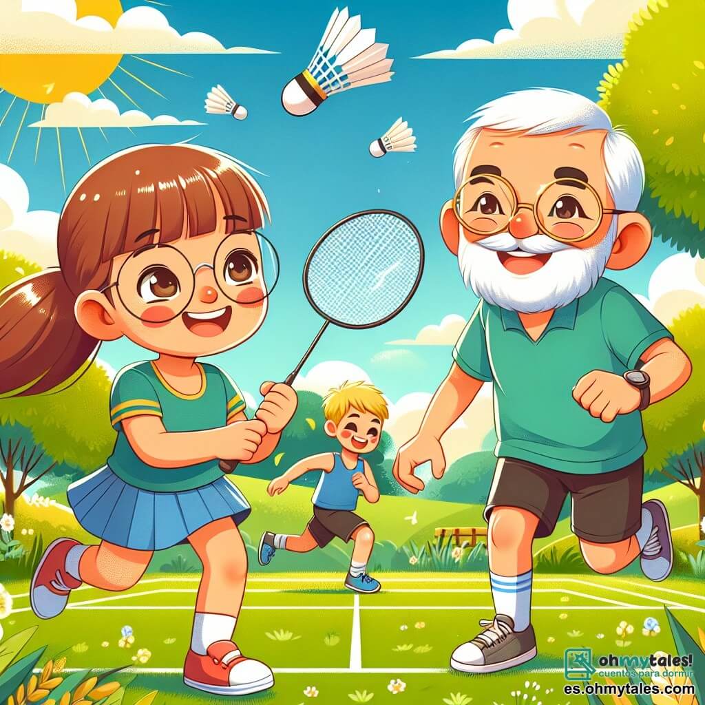 En un parque soleado, una niña de 8 años llamada Carla, con largos cabellos castaños y gafas redondas, sostiene una raqueta de bádminton con una gran sonrisa. A su lado, un niño de 9 años llamado Miguel, con cabello rubio y ojos brillantes, corre alegremente, listo para golpear el volante. Están rodeados de un césped verde brillante, con árboles de hojas doradas y un cielo azul salpicado de nubes blancas y esponjosas. Al fondo, un entrenador amable, el señor Martín, un hombre de unos cincuenta años con barba gris y un sombrero deportivo, los observa con una sonrisa alentadora. La escena muestra a Carla y Miguel jugando juntos, riendo y animándose, mientras se preparan para golpear el volante que vuela en el aire, simbolizando el espíritu de equipo y la alegría del deporte.